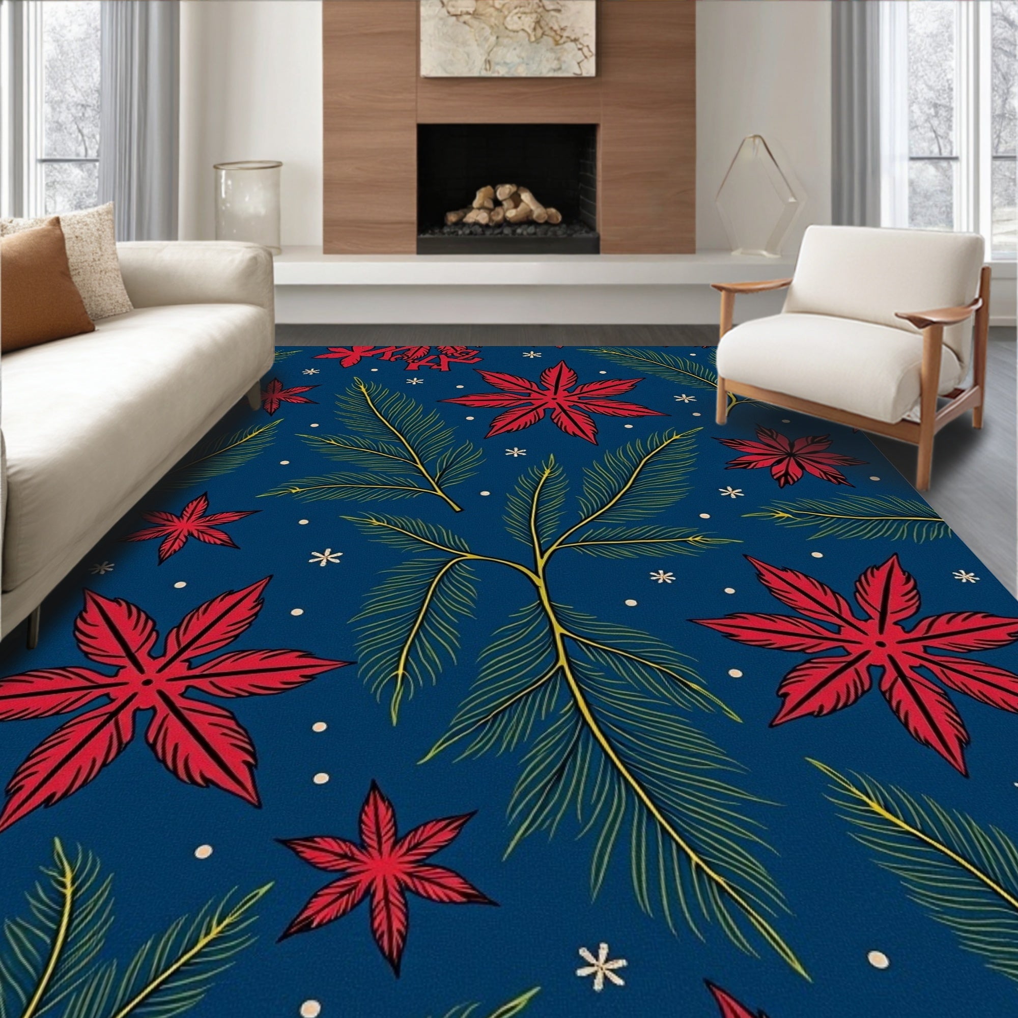 Red Starry Winter Poinsettia Garland Rug