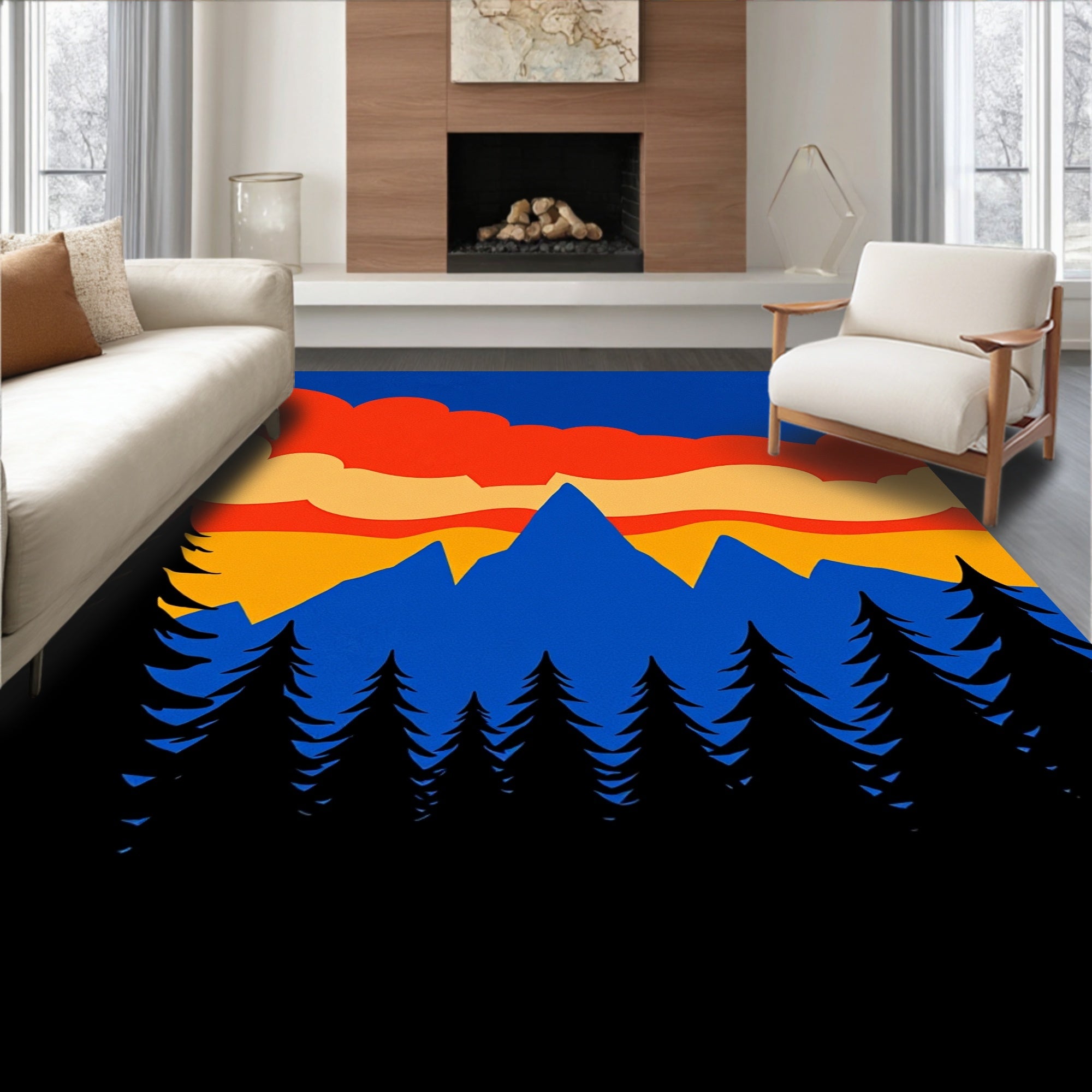 Crimson Sky Mountain Forest Silhouette Rug