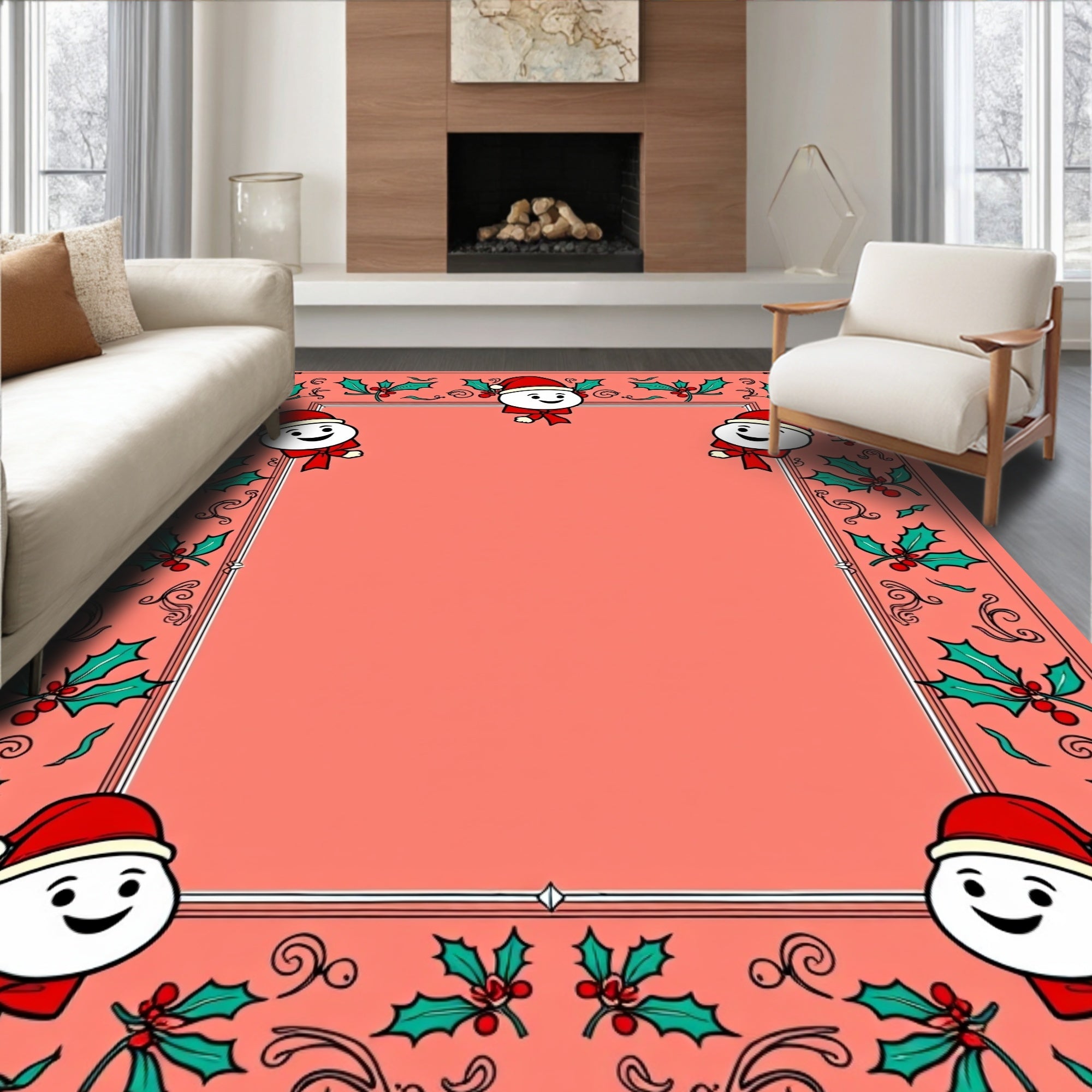 Whimsical Snowmen Holly Border Rug