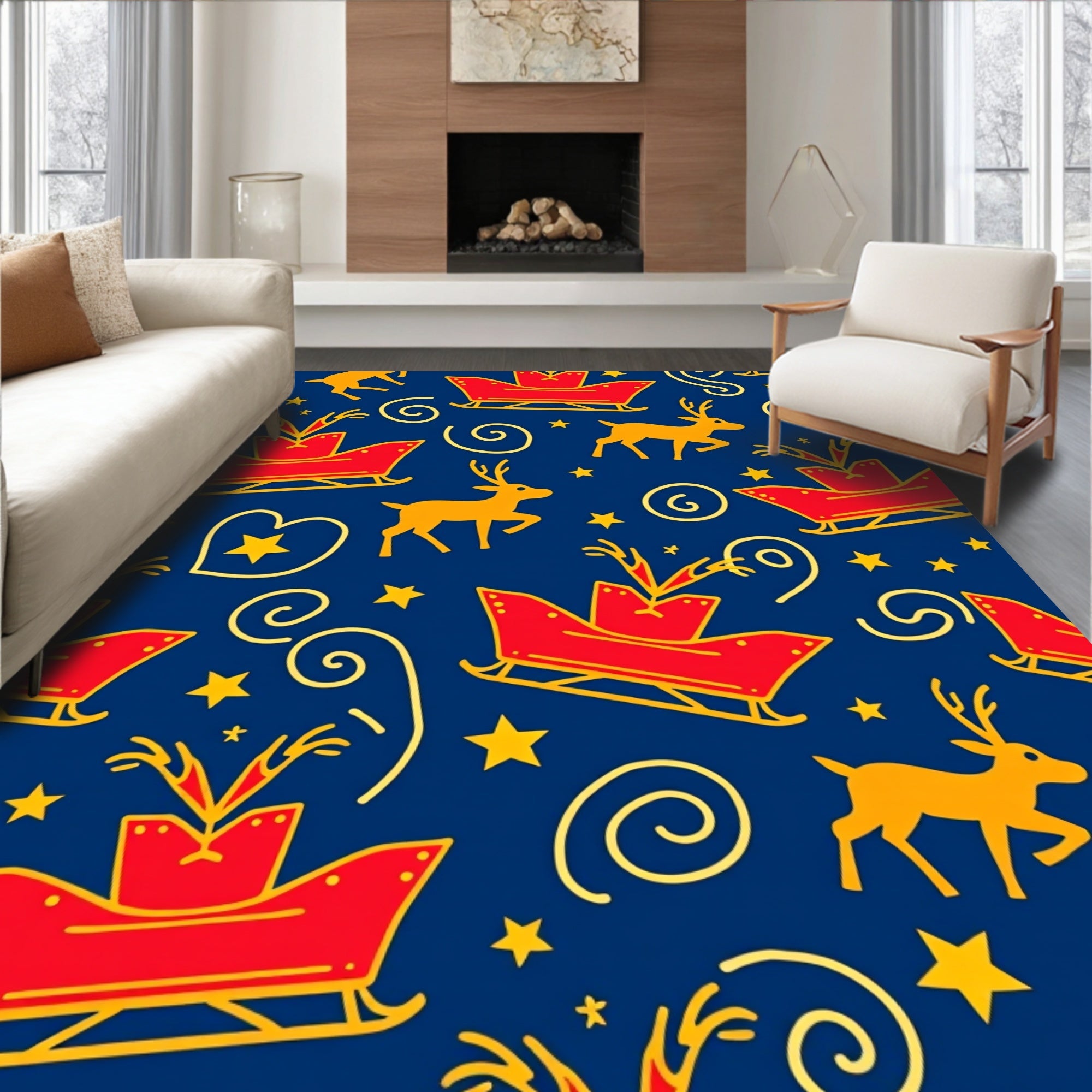 Red Sleigh Gold Reindeer Star Swirl Rug