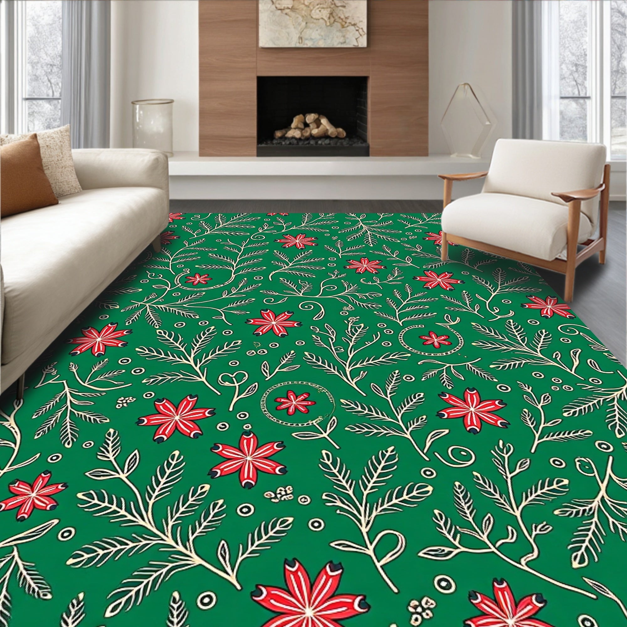 Green Red Floral Vine Scatter Rug