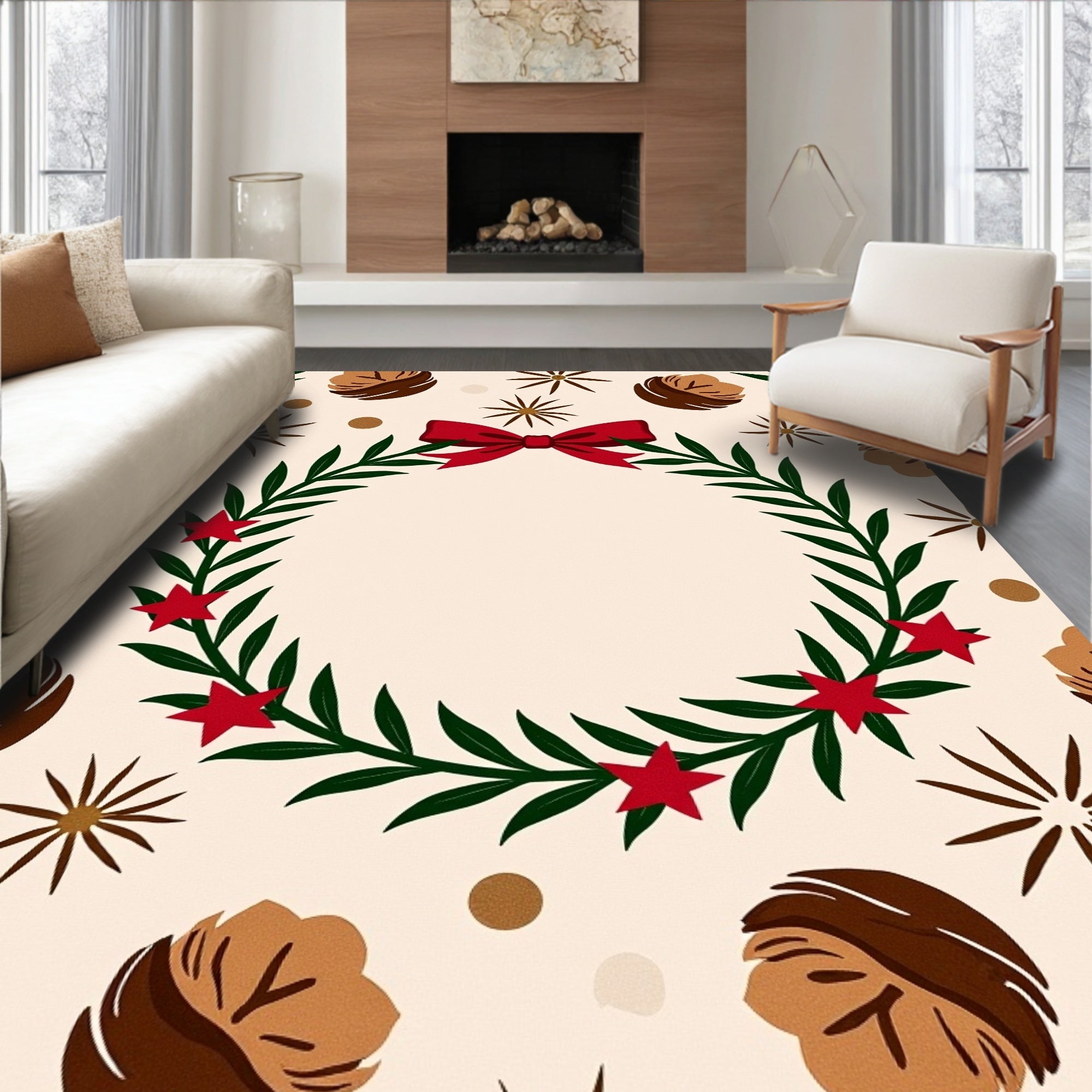 Festive Red Bow Leafy Wreath Accents Rug
