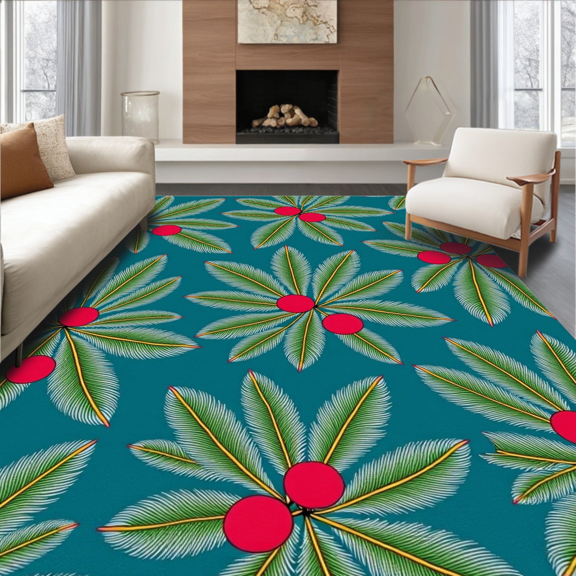 Teal Tropical Palm Leaf Red Berry Rug