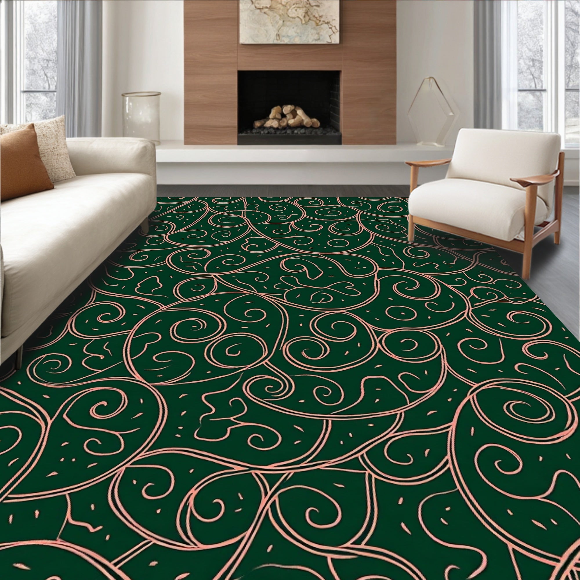 Emerald Green Floral Swirls Rug
