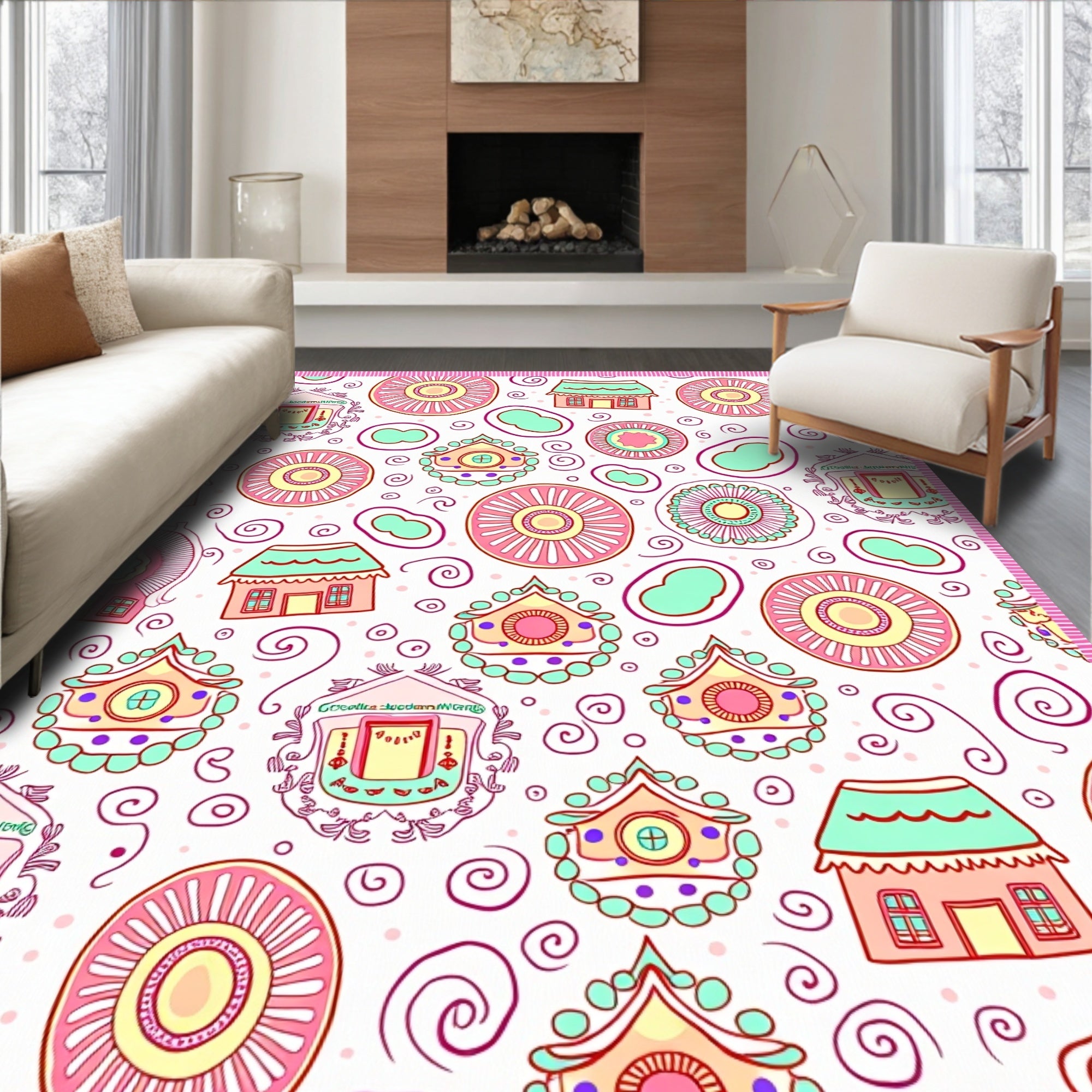 Whimsical Pink Coral House Blossom Rug