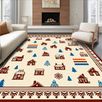 Cozy Houses Blue Trees Cream Background Rug