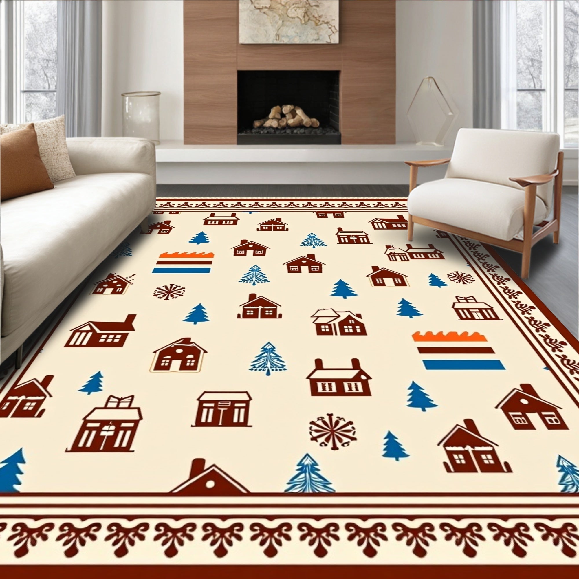 Cozy Houses Blue Trees Cream Background Rug