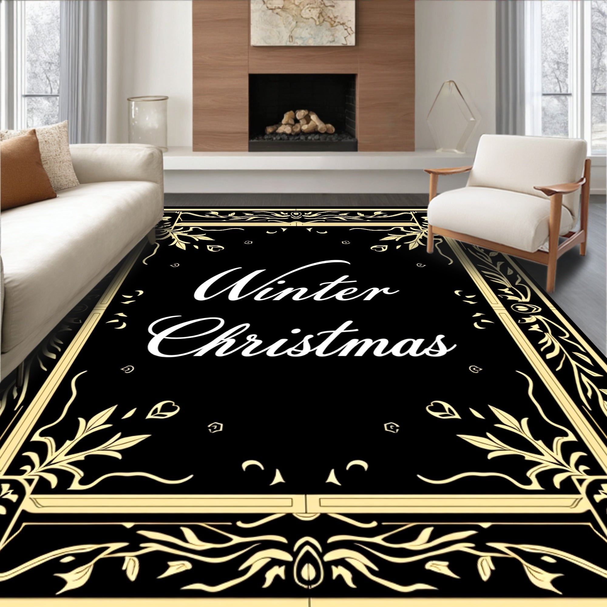 Golden Filigree Black Floral Border Rug