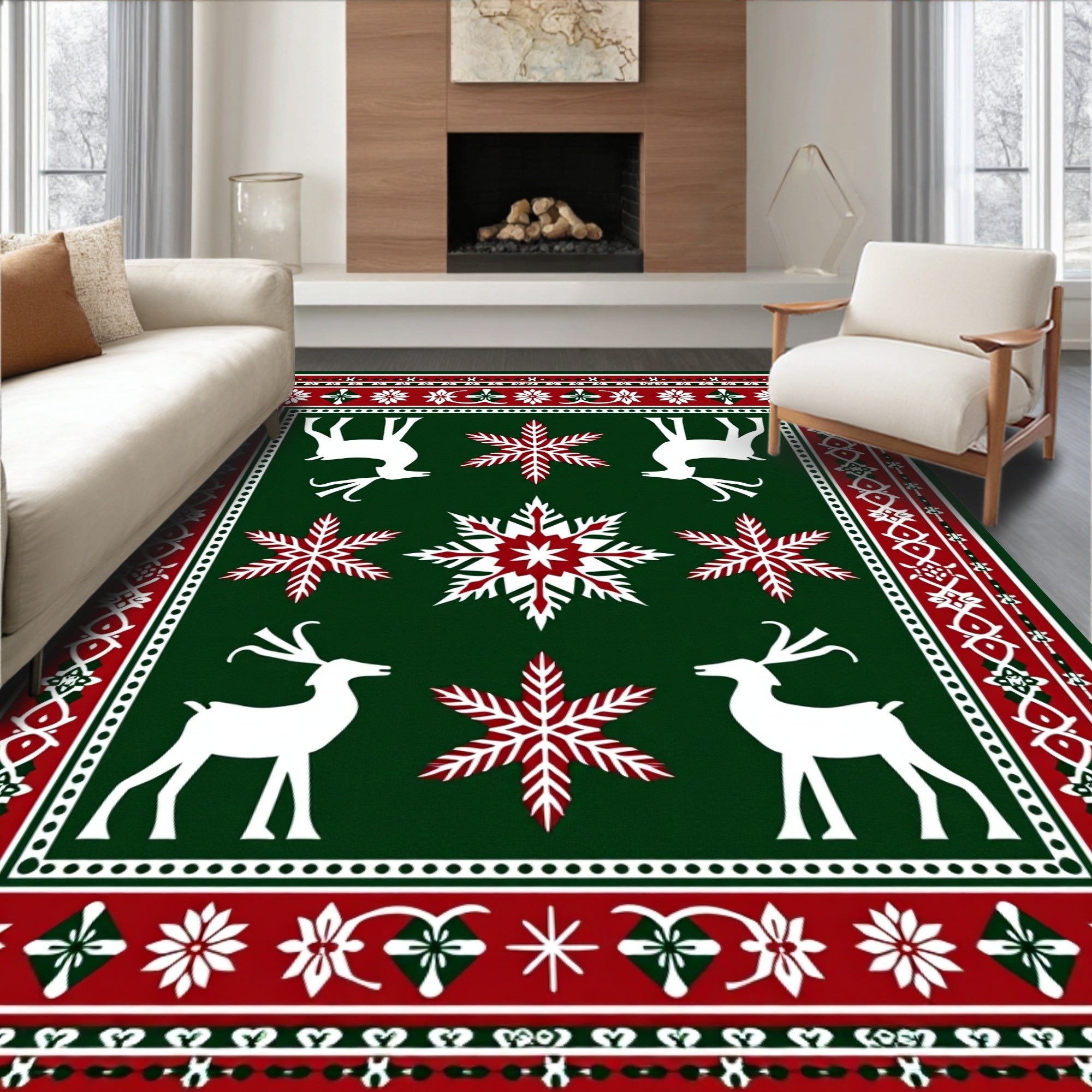 Winter Red Snowflake Deer Garland Rug