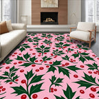 Whimsical Holly Berries Pink Background Rug