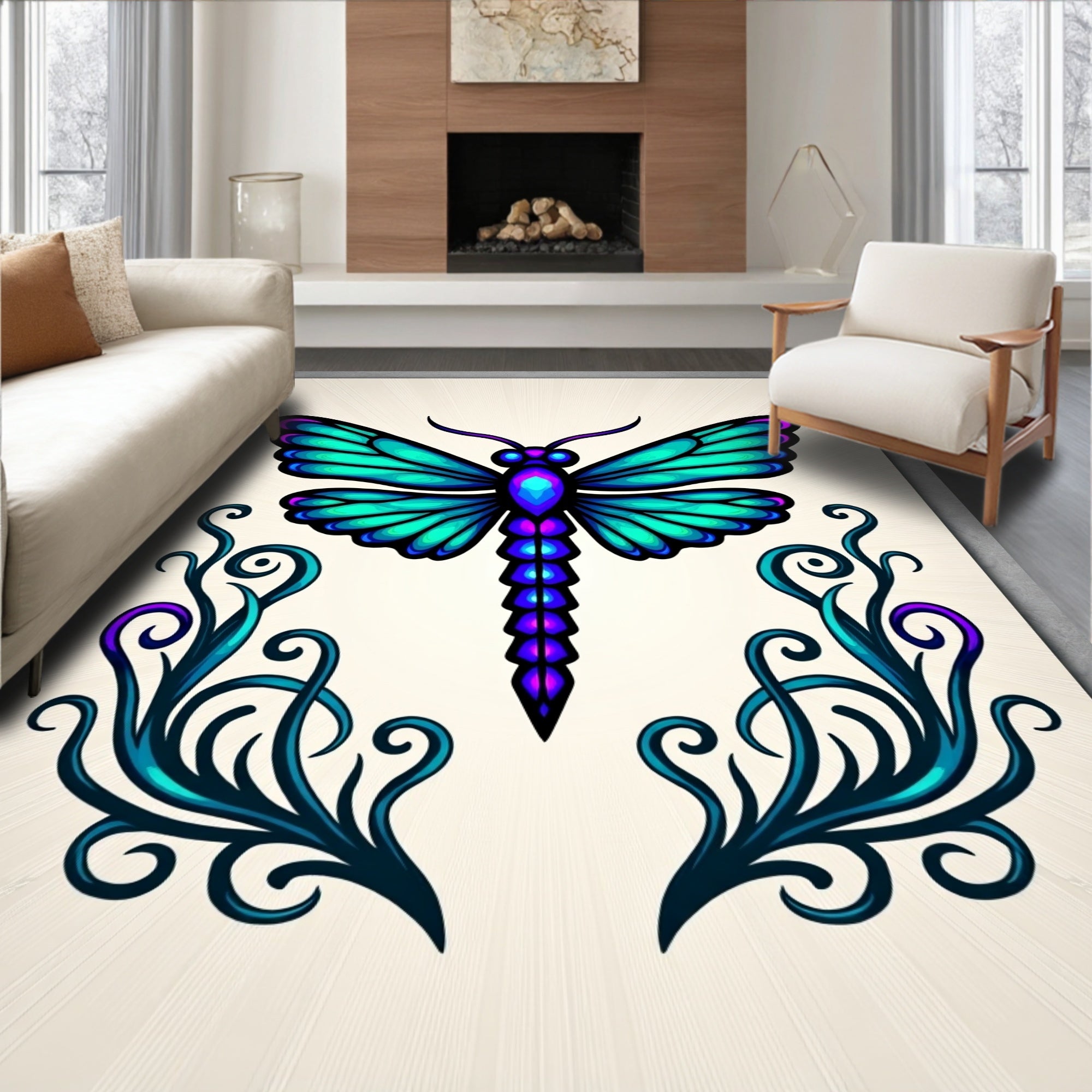 Iridescent Teal Blue Dragonfly Art Rug