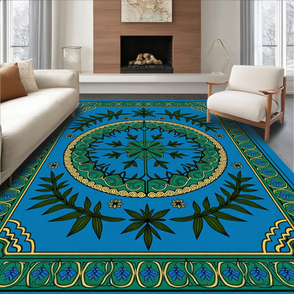 Emerald Green Leaf Medallion Blue Rug