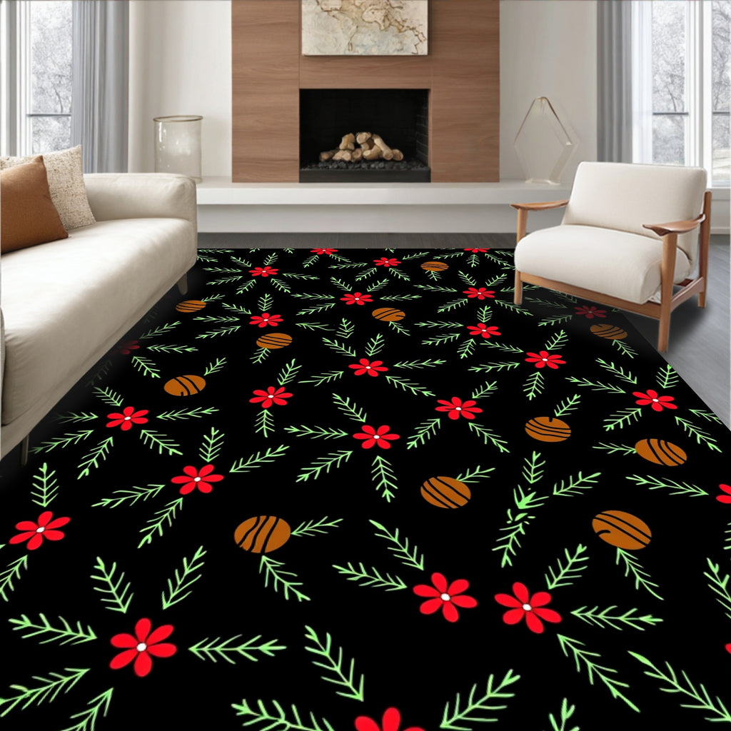 Red Flower Sprigs Round Ornament Rug