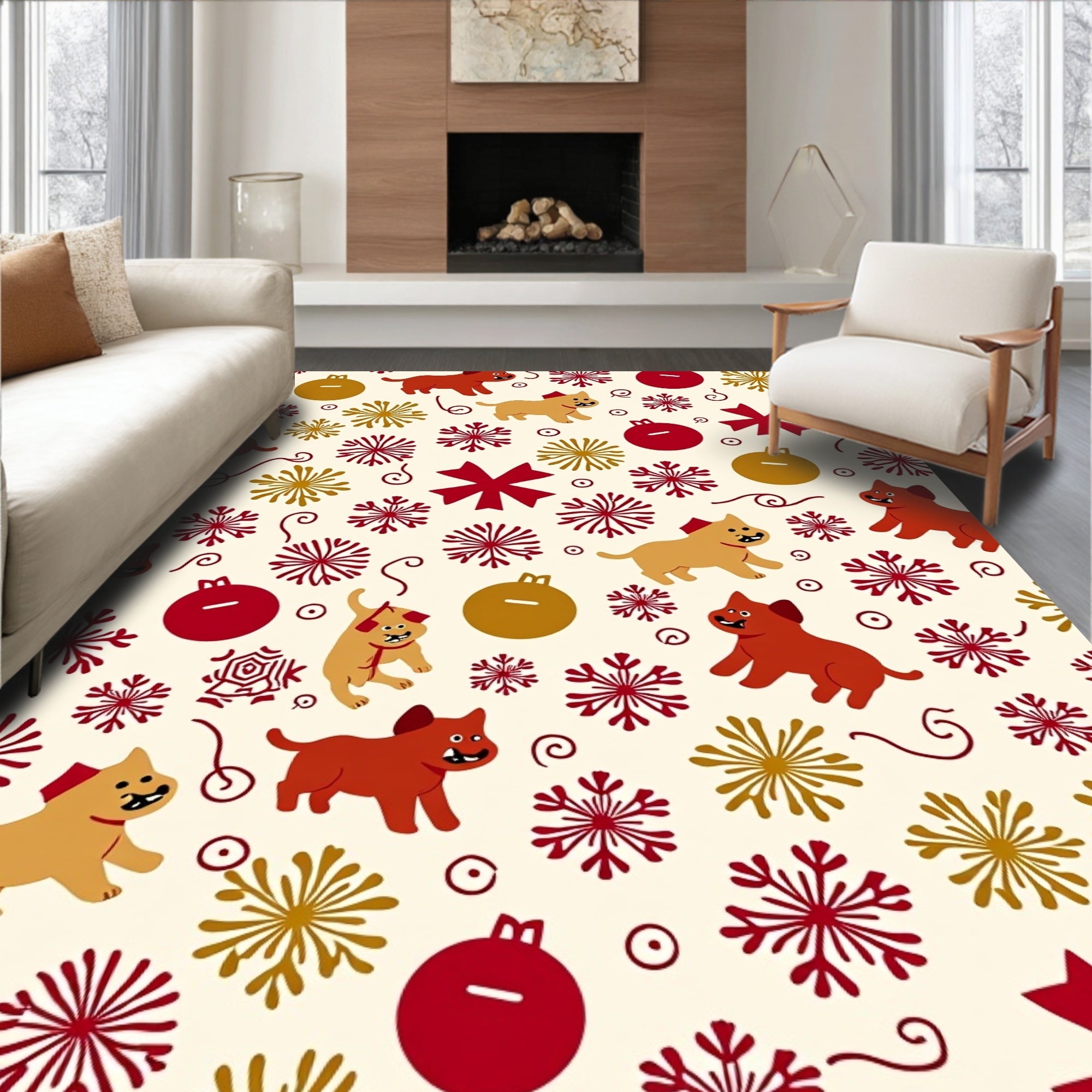 Whimsical Red Gold Dog Snowflake Ornaments Rug