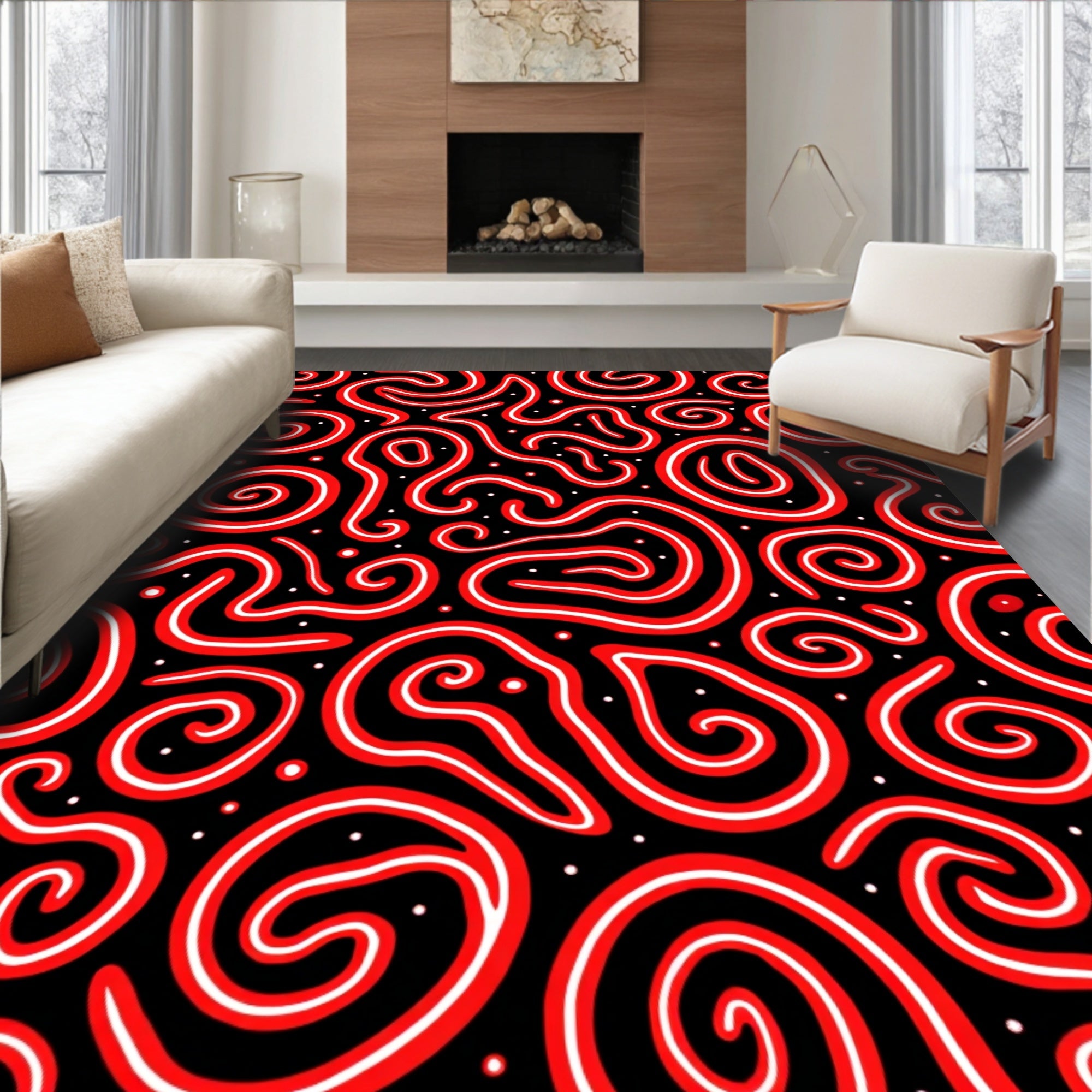 Bold Red Swirl Abstract Lines Rug