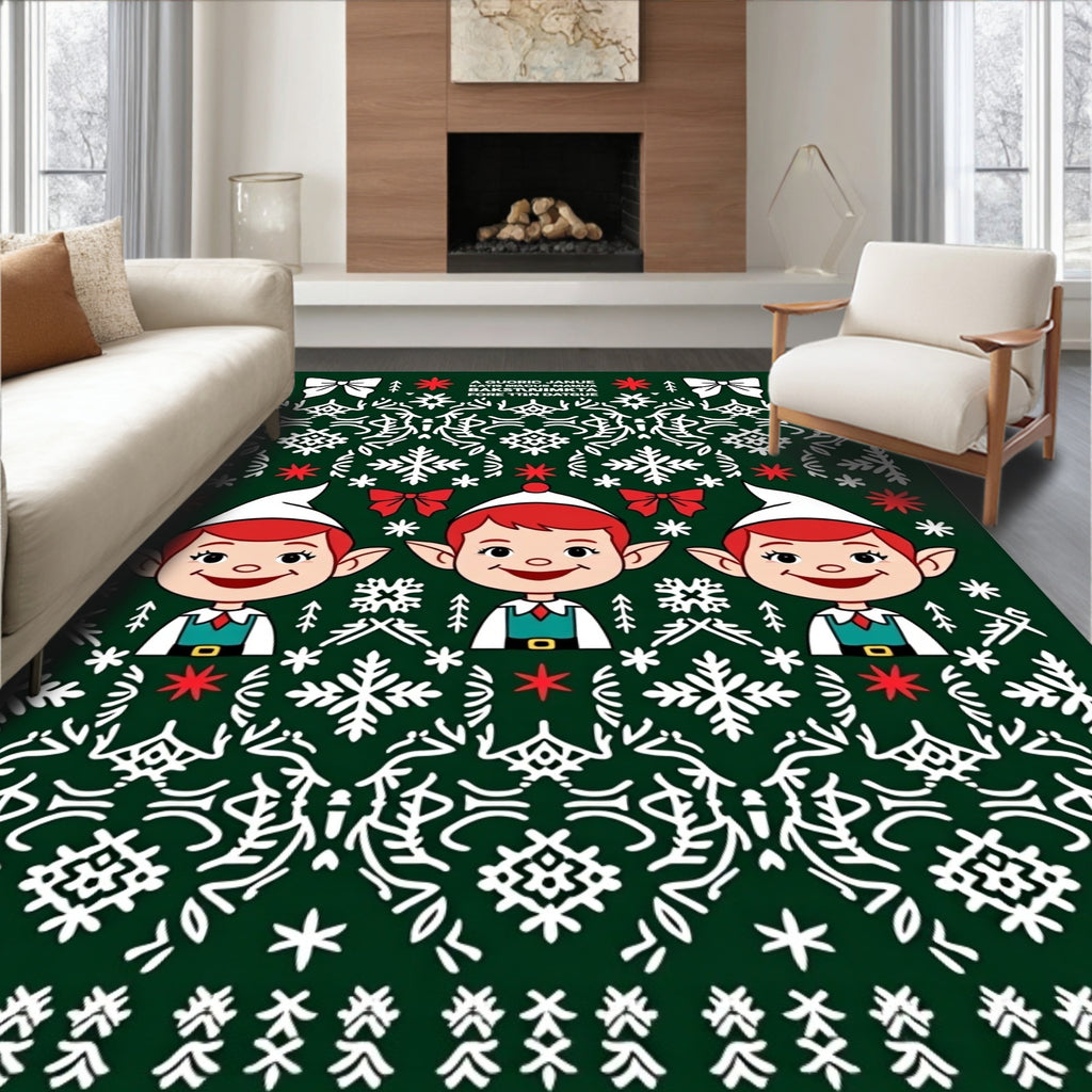 Green White Elves Snowflake Christmas Rug