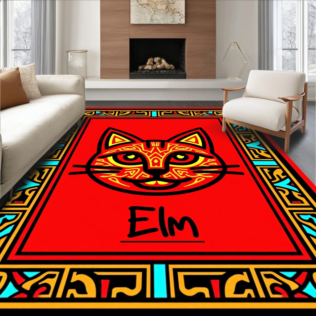 Crimson Cat Bordered With Intricate Lines Rug