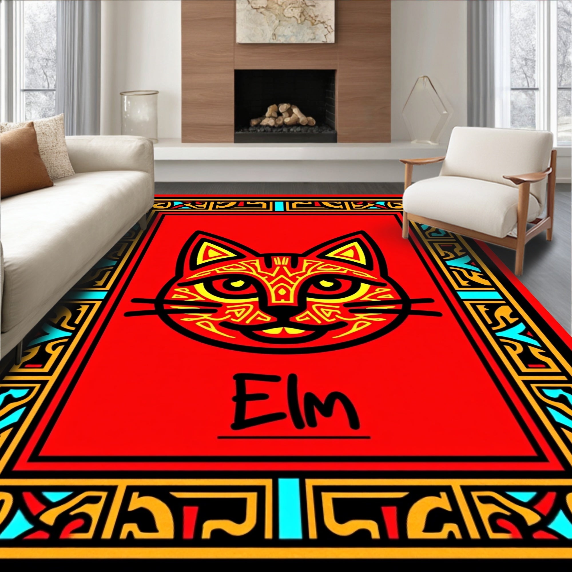 Crimson Cat Bordered With Intricate Lines Rug