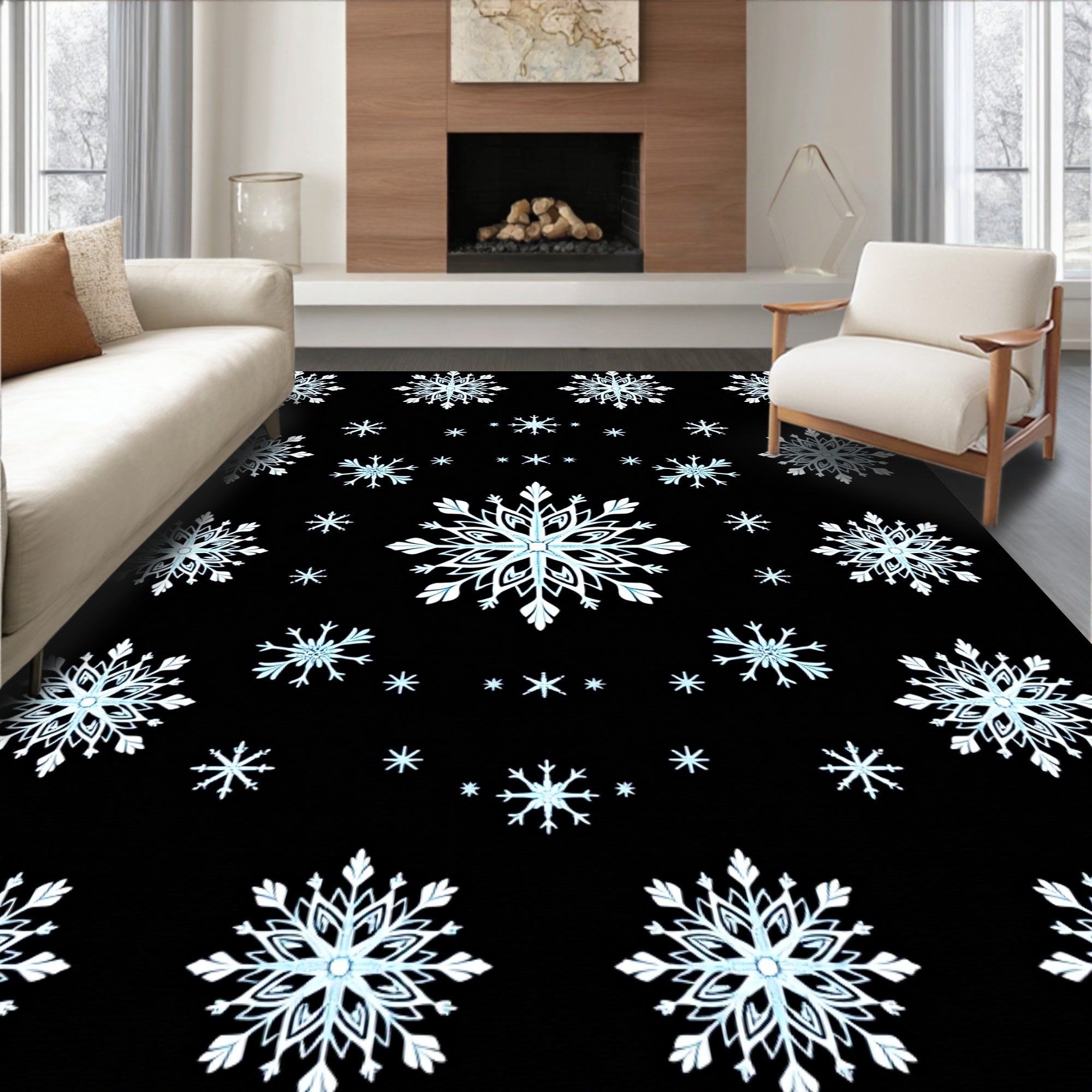 Ice Blue Snowflake Scatter Art Rug