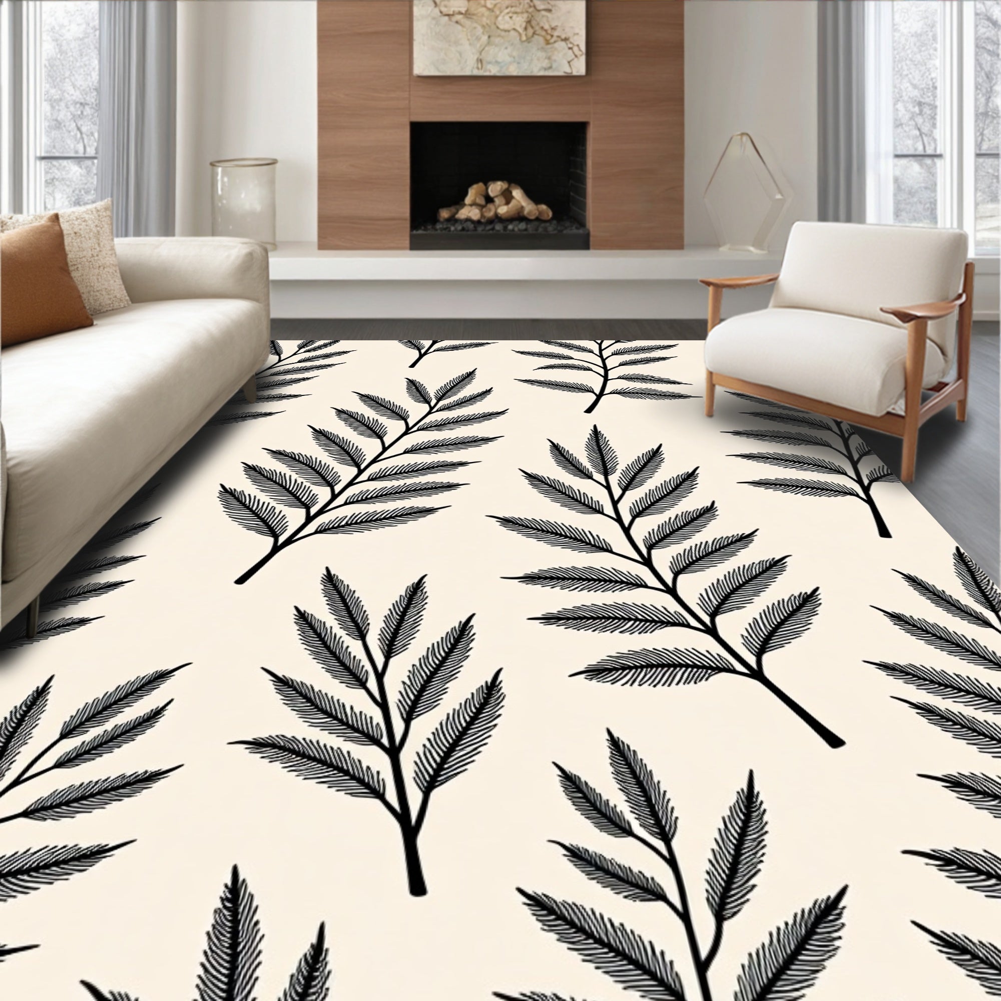 Black Fern Branch Cream Background Rug
