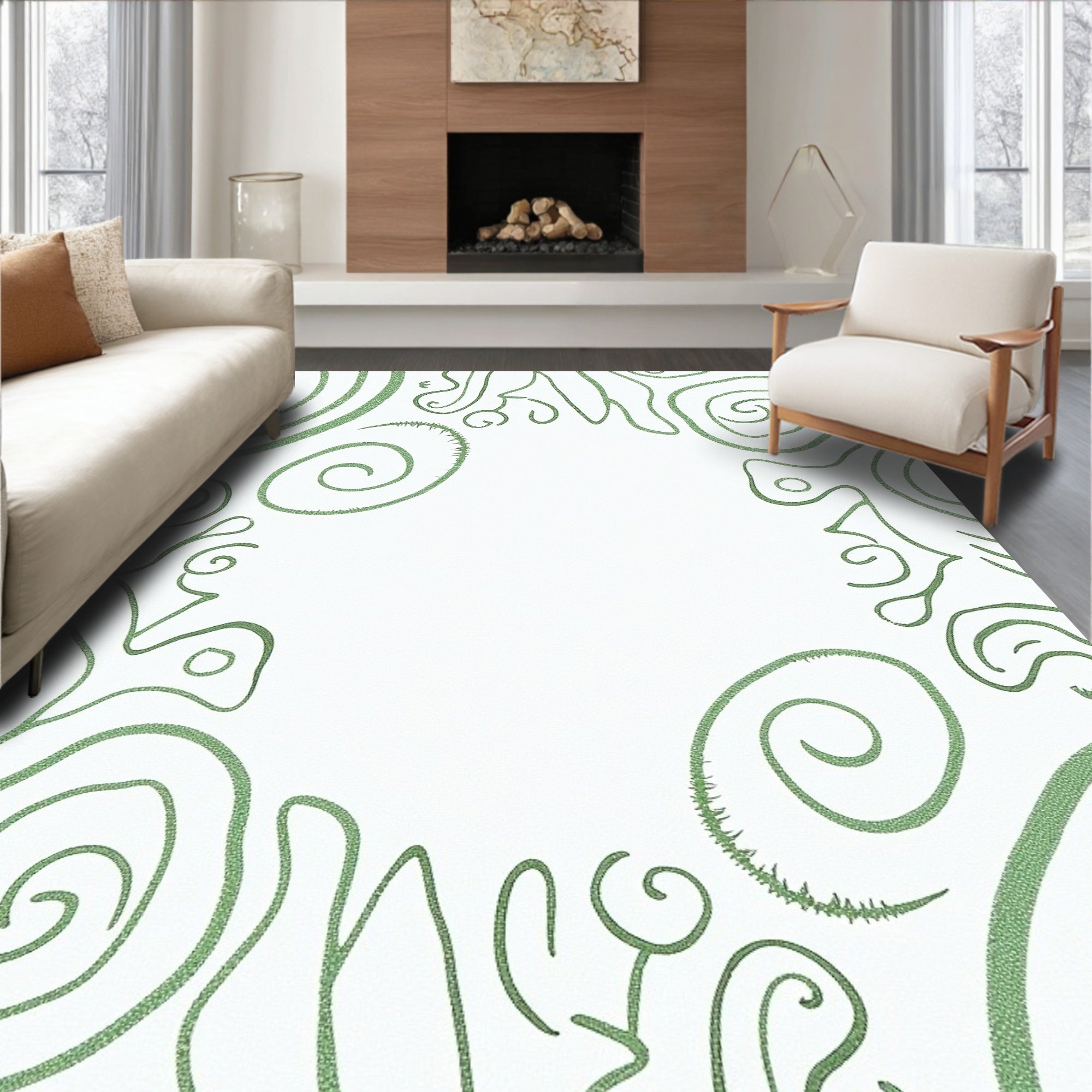 Sage Green Swirl Line Art Rug