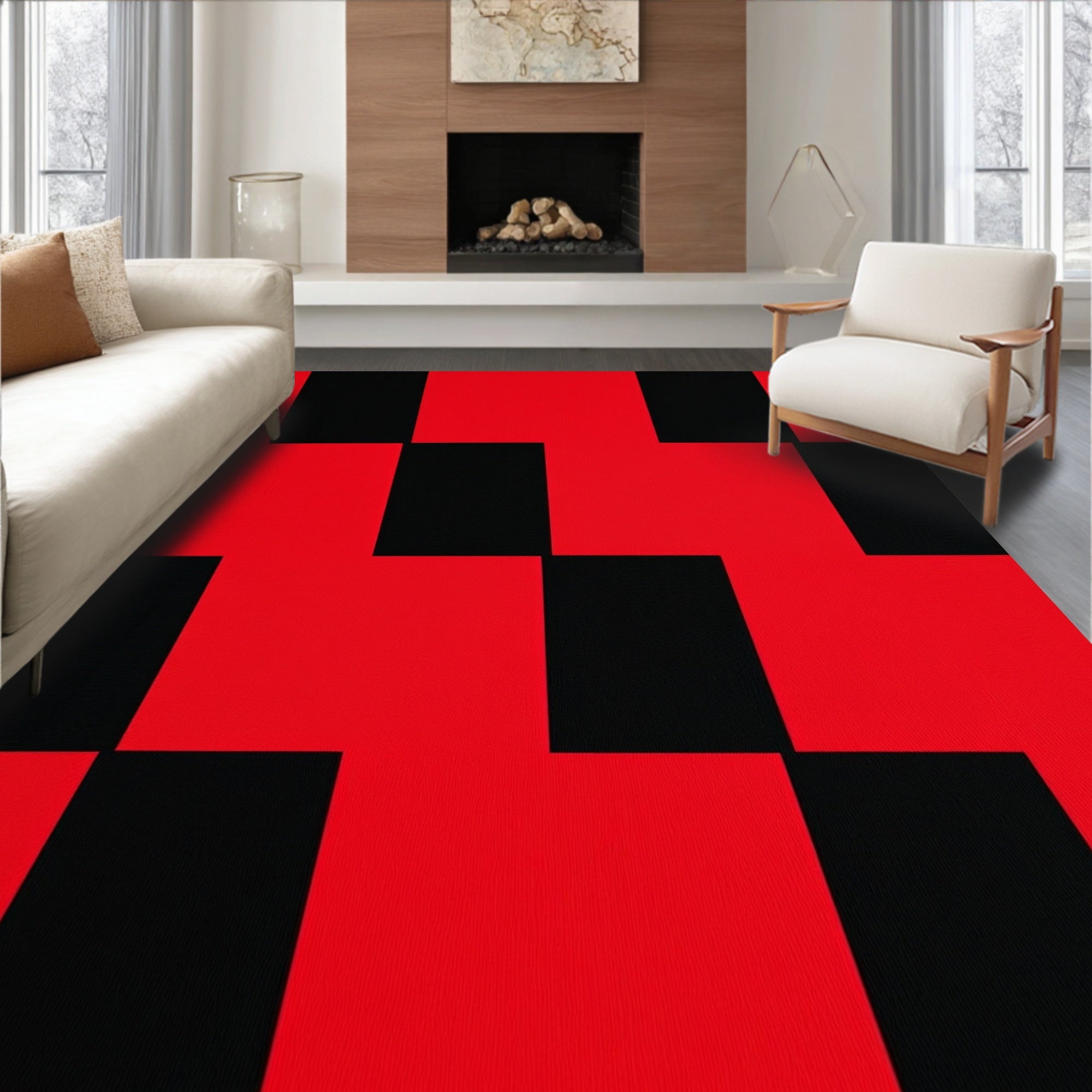 Bold Red Black Checkered Square Rug