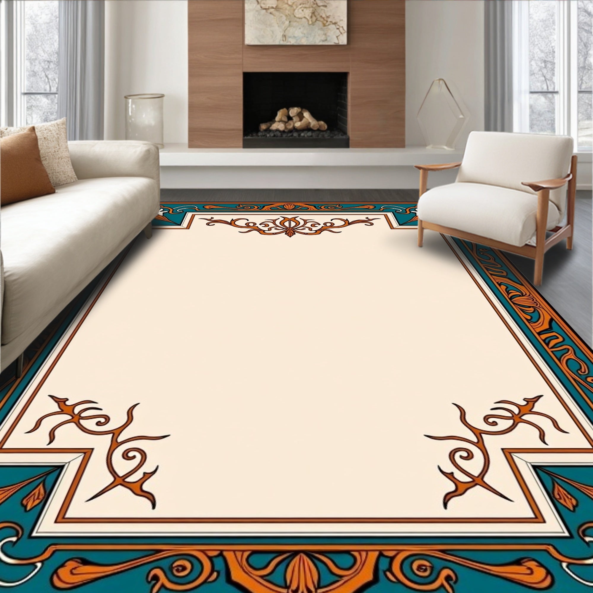 Vintage Teal Orange Floral Frame Rug