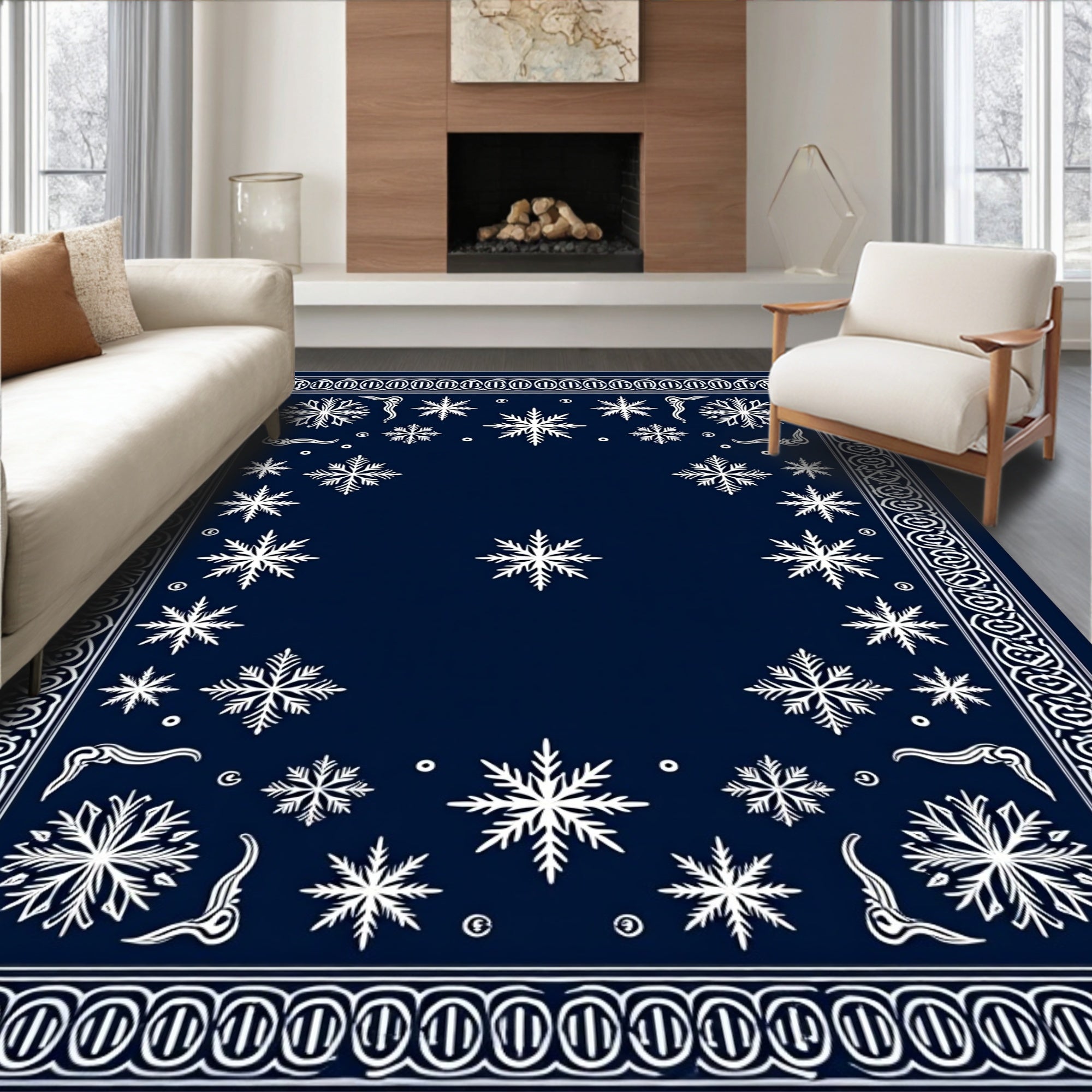 Deep Blue Snowflake Winter Wonderland Rug