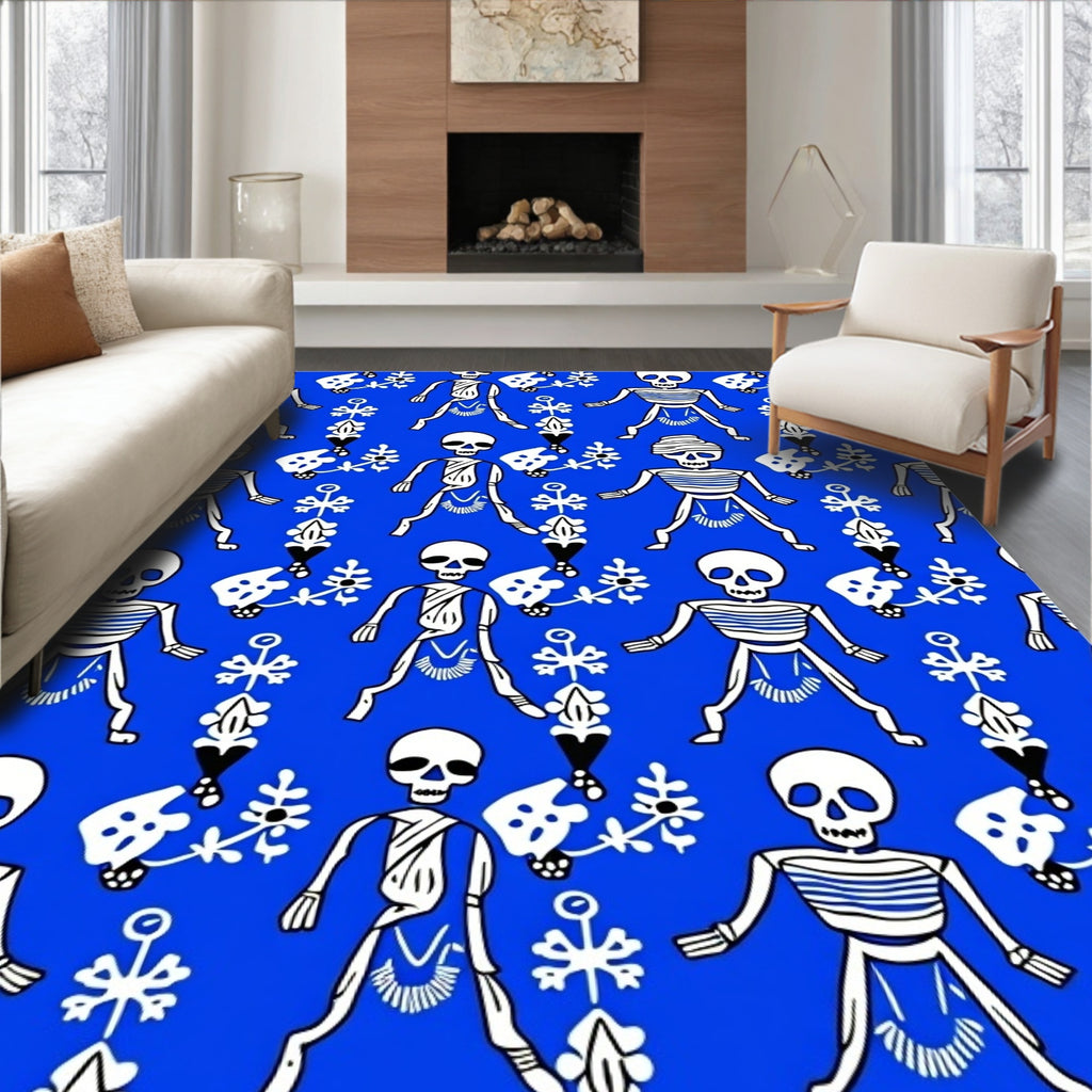 Eerie Blue Skeleton Figures Repeating Pattern Rug