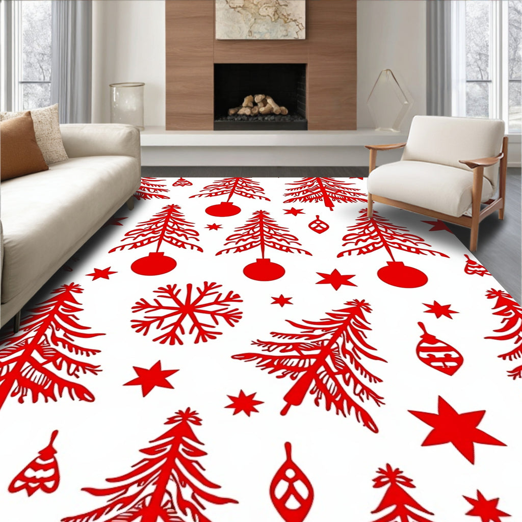 Red Christmas Trees Ornaments Stars Rug
