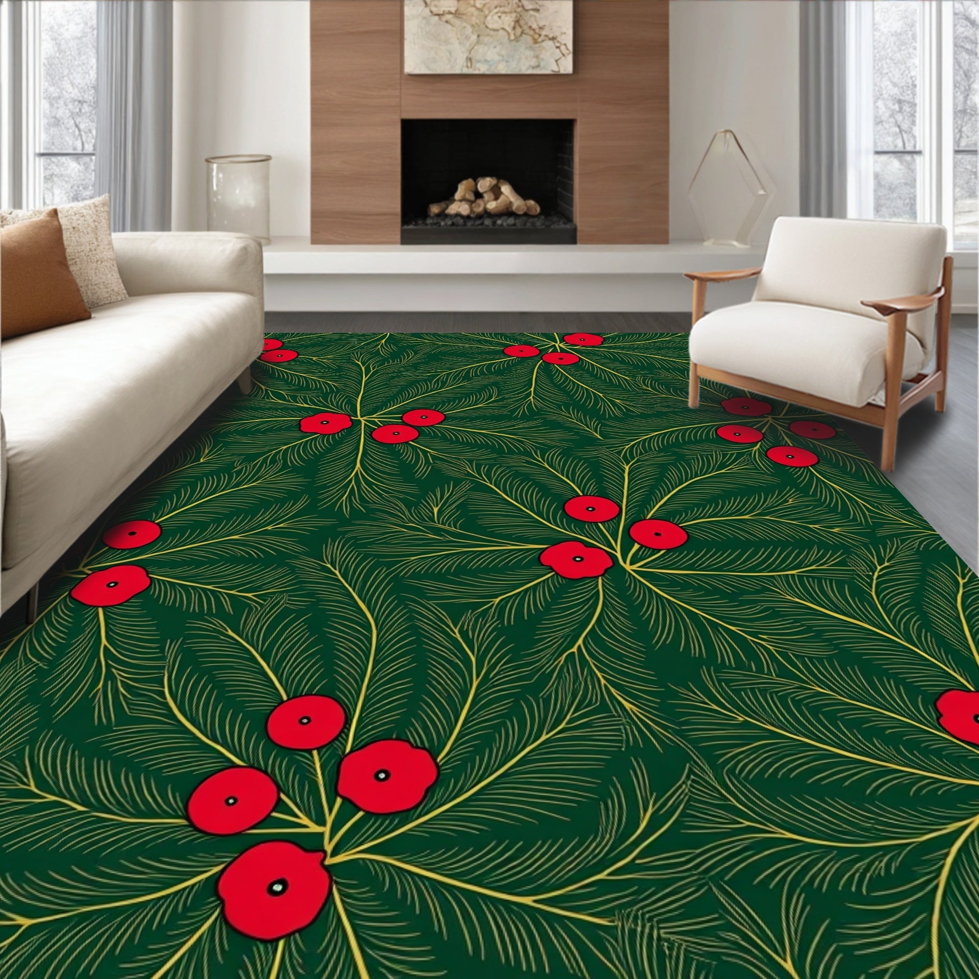 Elegant Green Holly Berry Collection Rug
