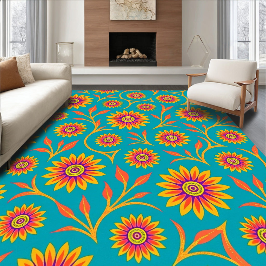 Vibrant Teal Sunflower Vine Rug