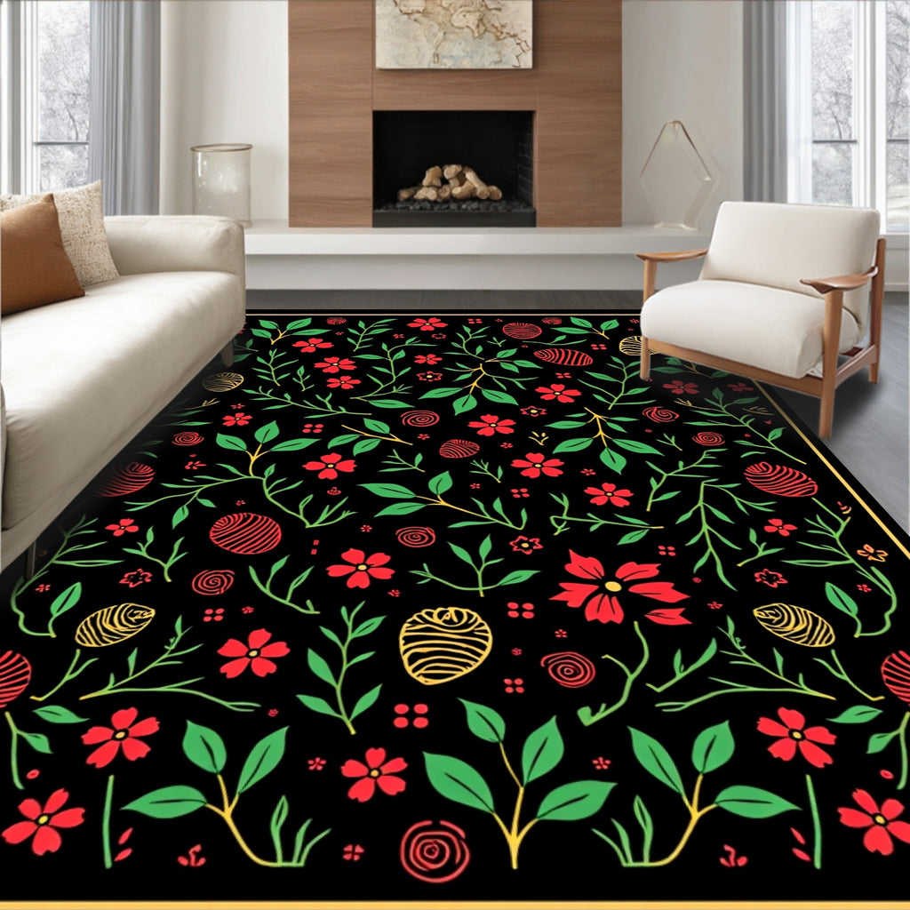 Red Floral Vine Botanical Black Rug