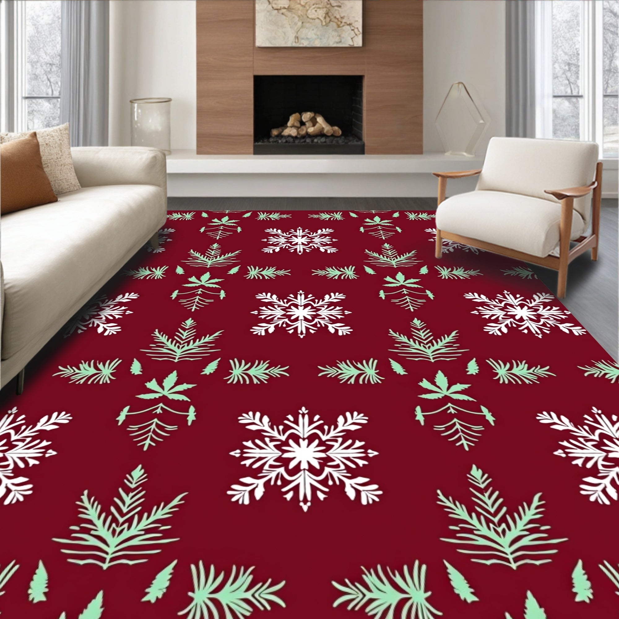 Crimson Snowflakes and Ferns Arrangement Rug