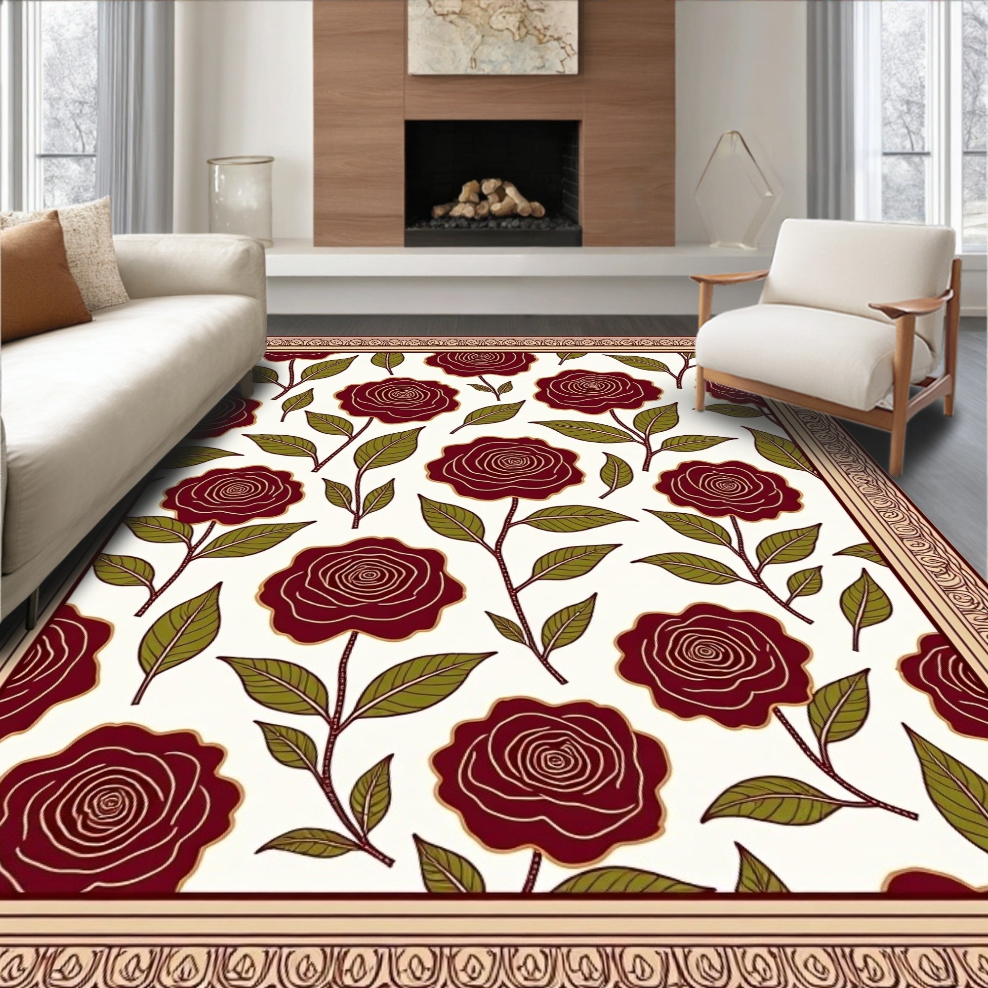Crimson Rose Vine Garden Rug