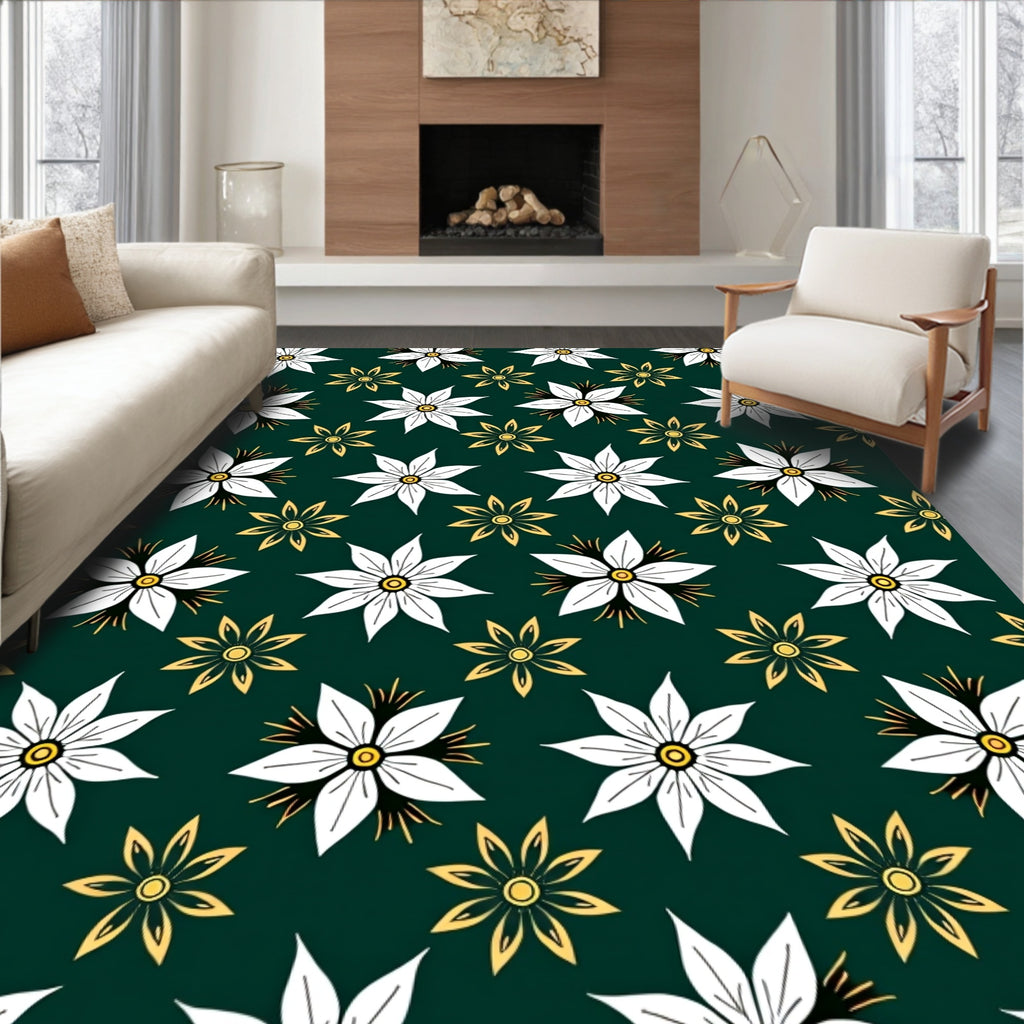 Dark Green White Yellow Floral Garland Rug