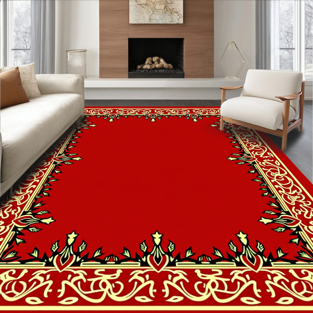 Red Golden Floral Bordered Frame Rug