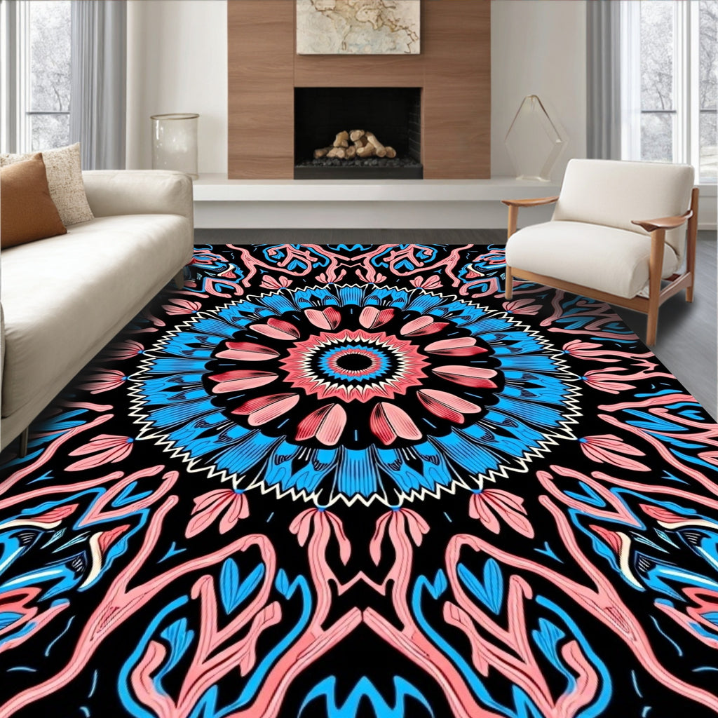Coral Blue Swirl Mandala Rug