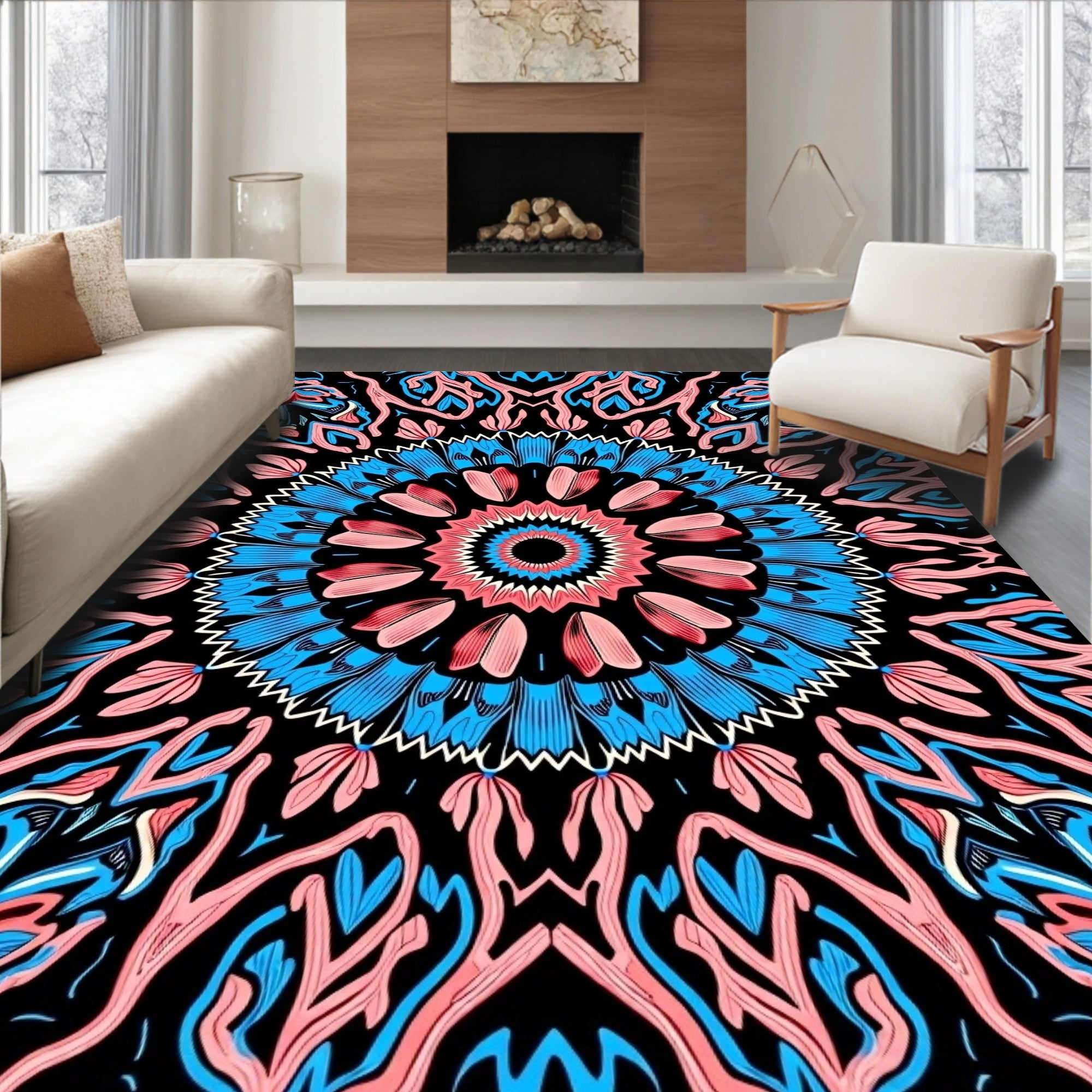 Coral Blue Swirl Mandala Rug