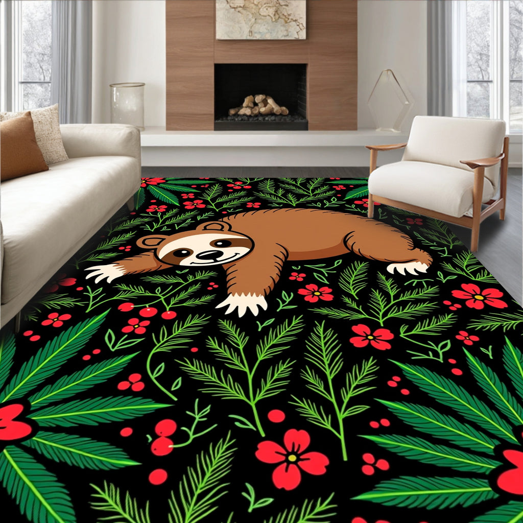 Whimsical Sloth Red Floral Foliage Rug