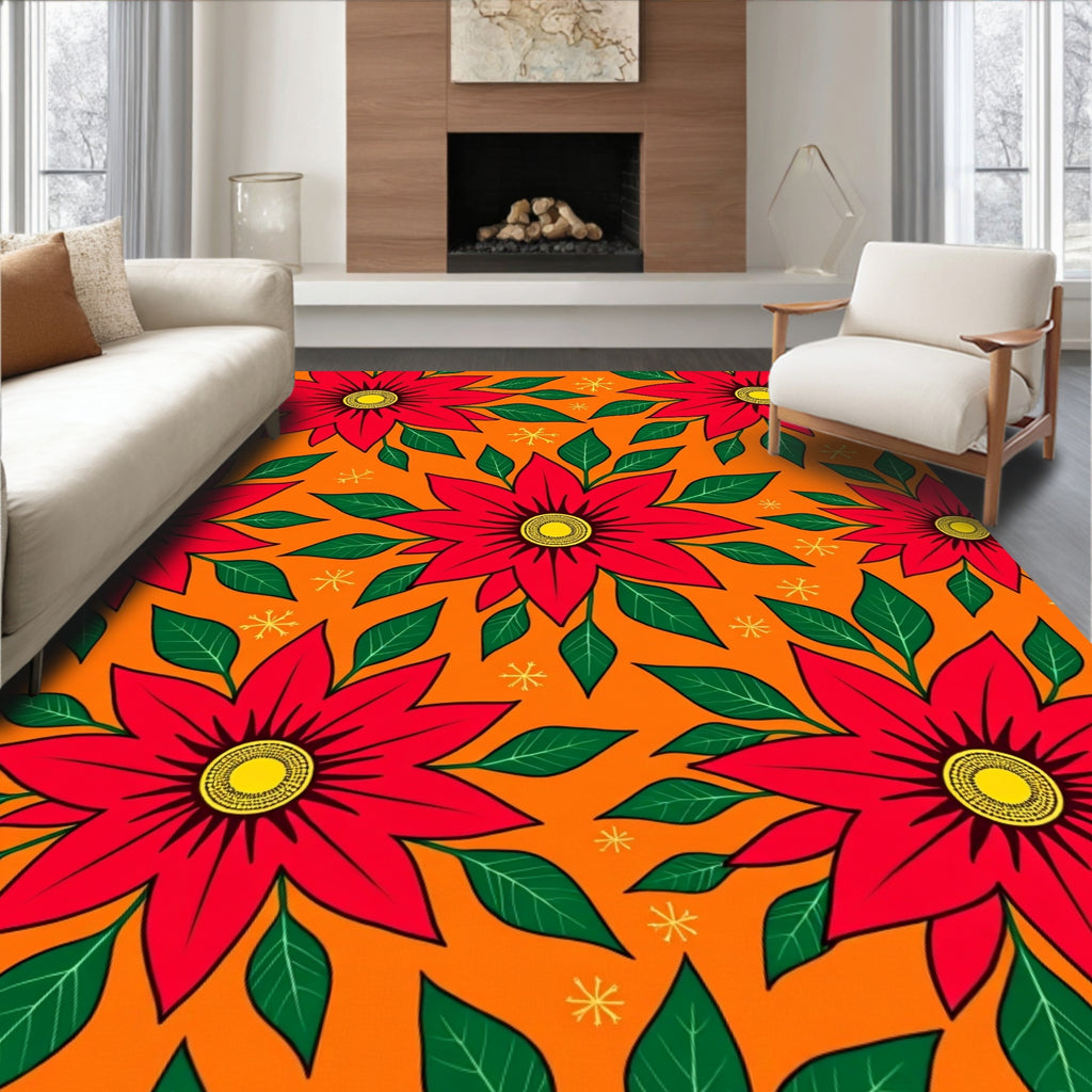 Vibrant Red Poinsettias Orange Background Rug
