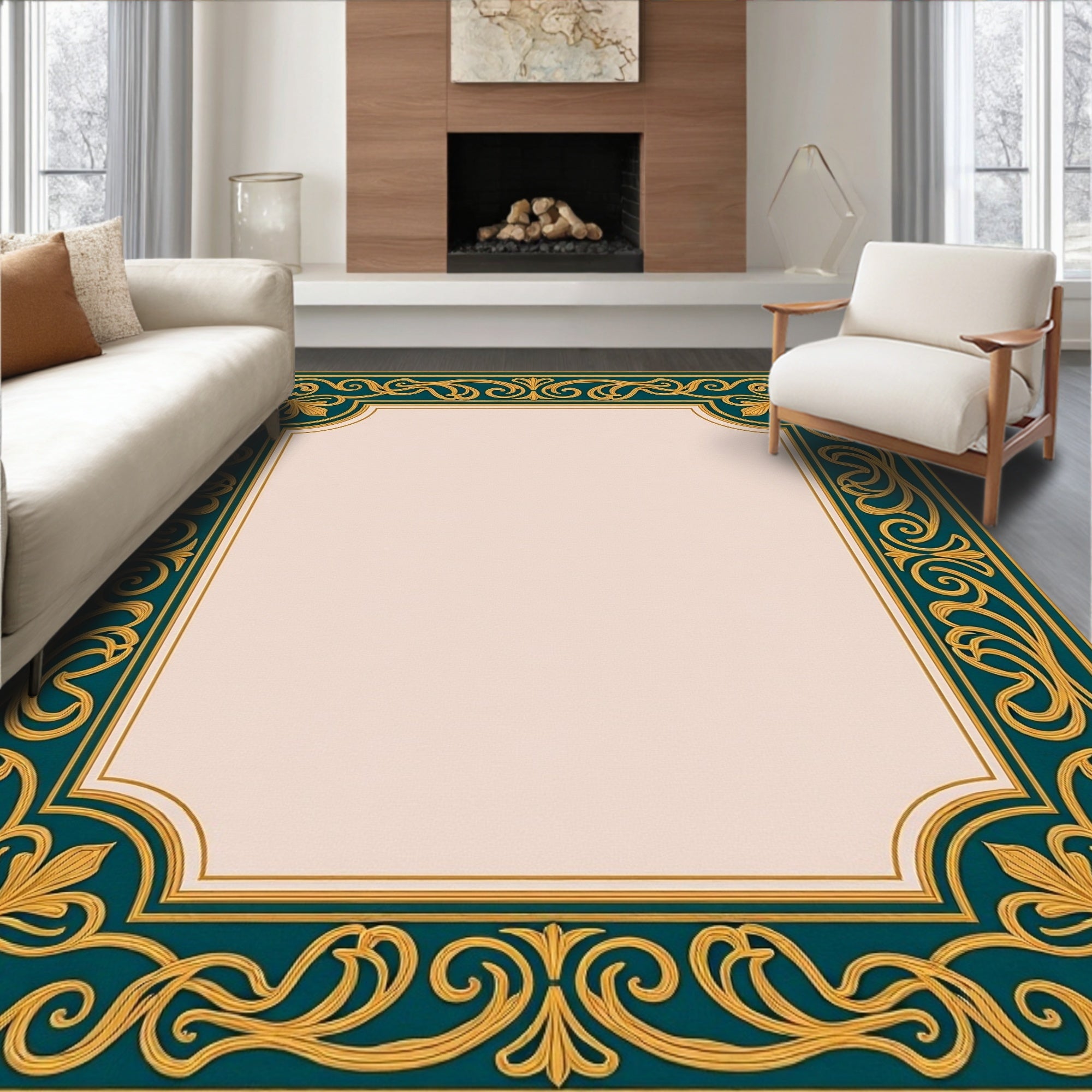 Teal and Gold Victorian Floral Scroll Rug