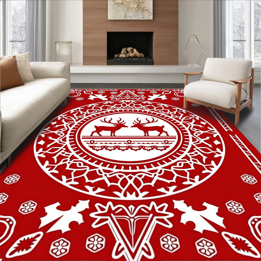 Vintage Red Reindeer Forest Medallion Rug