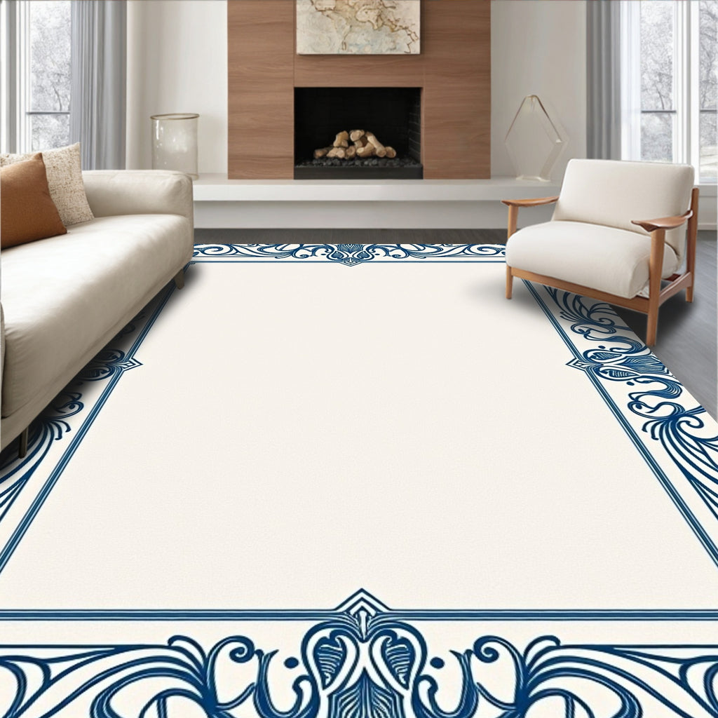 Ornate Deep Blue Floral Scroll Frame Rug