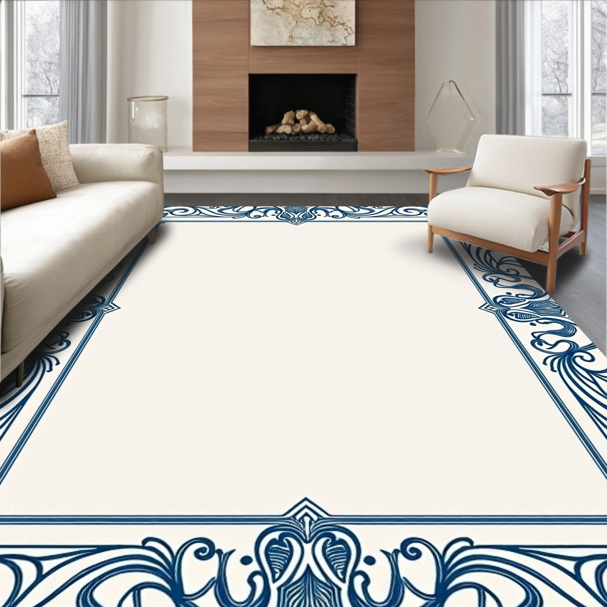 Ornate Deep Blue Floral Scroll Frame Rug