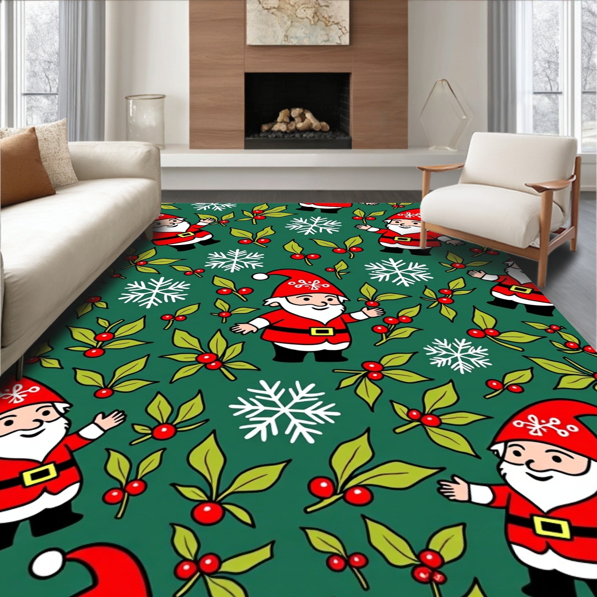 Whimsical Christmas Gnomes Holly Snowflakes Rug