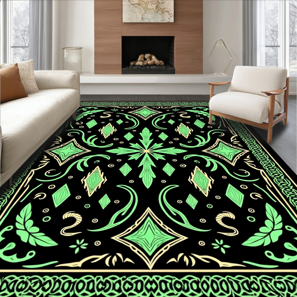 Green Black Elaborate Diamond Floral Border Rug