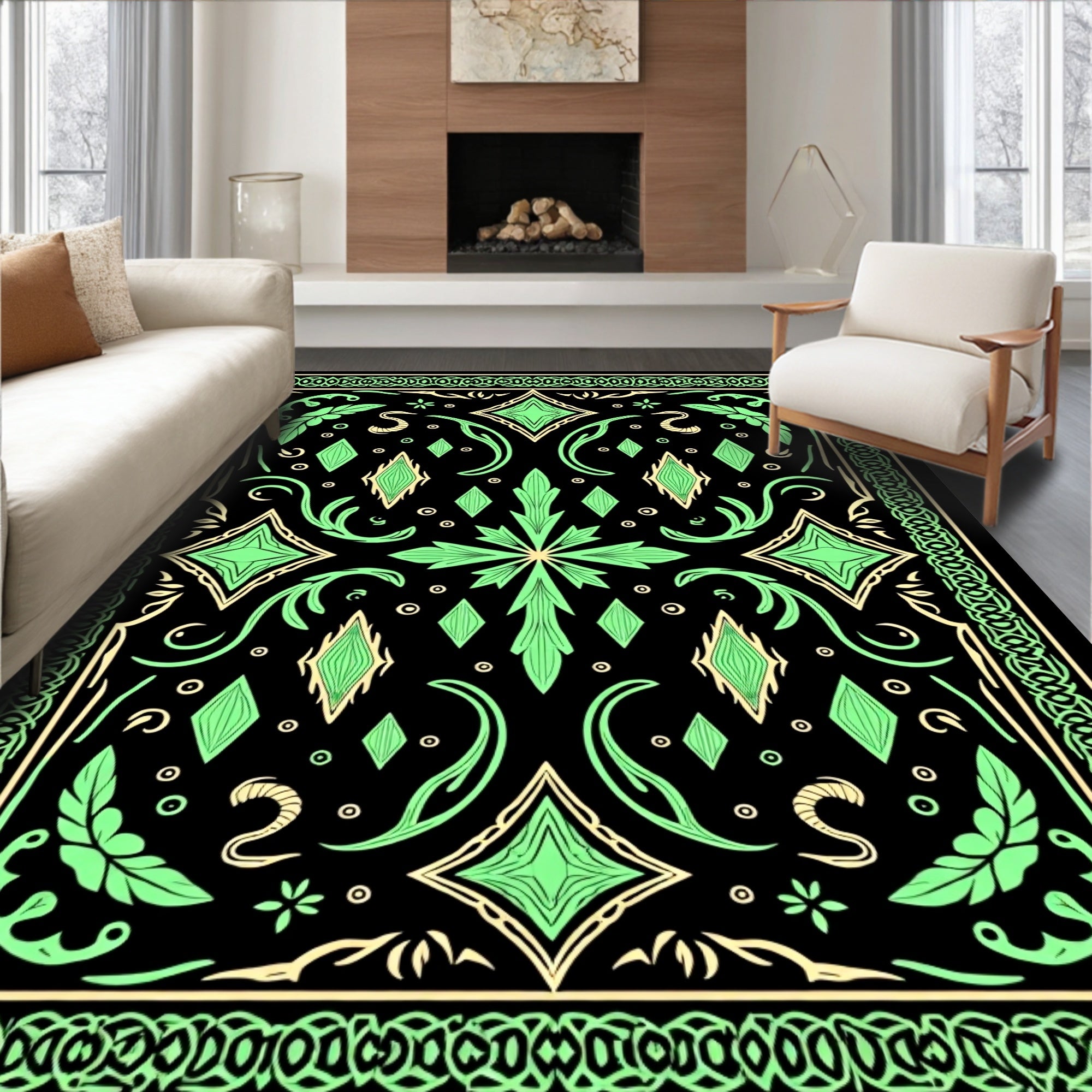 Green Black Elaborate Diamond Floral Border Rug