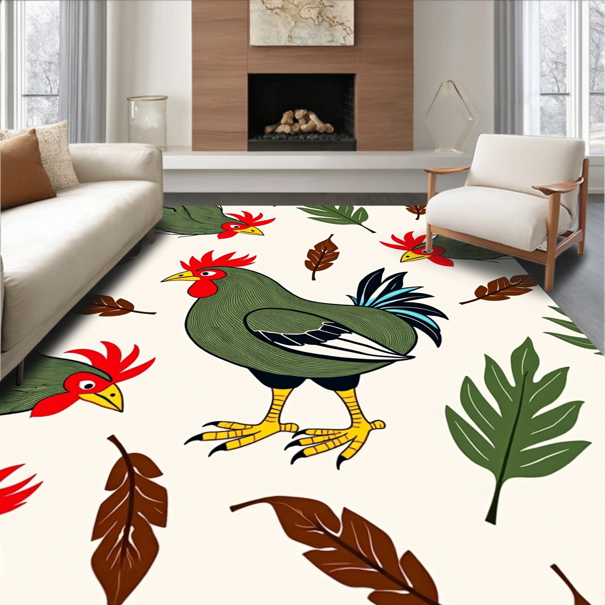 Green Roosters Red Feather Leaves Rug