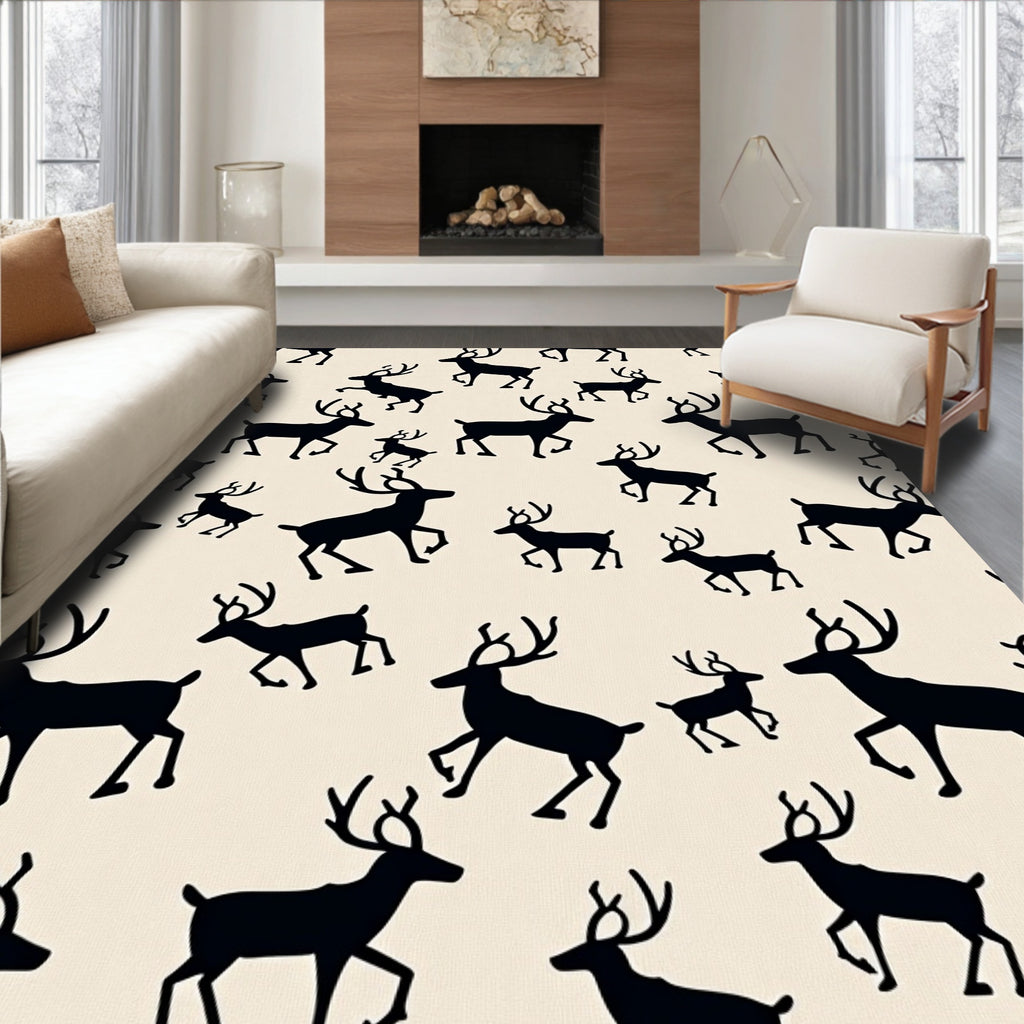 Black Reindeer Silhouette Cream Background Rug